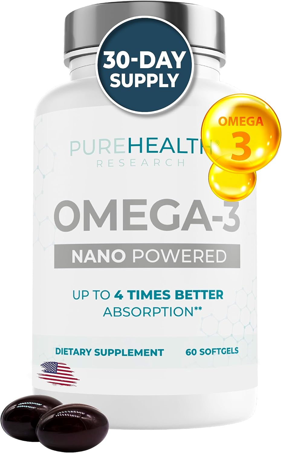 PUREHEALTH RESEARCH Nano Omega 3 Mini Softgels - Omega 3 Fatty Acid Supplements- Burpless Fish Oil, Epa Dha Omega 3 Supplement - Nano Powered Omega 3 with DHA, EPA- Non-GMO Omega Fish Oil 60 Soft Gels