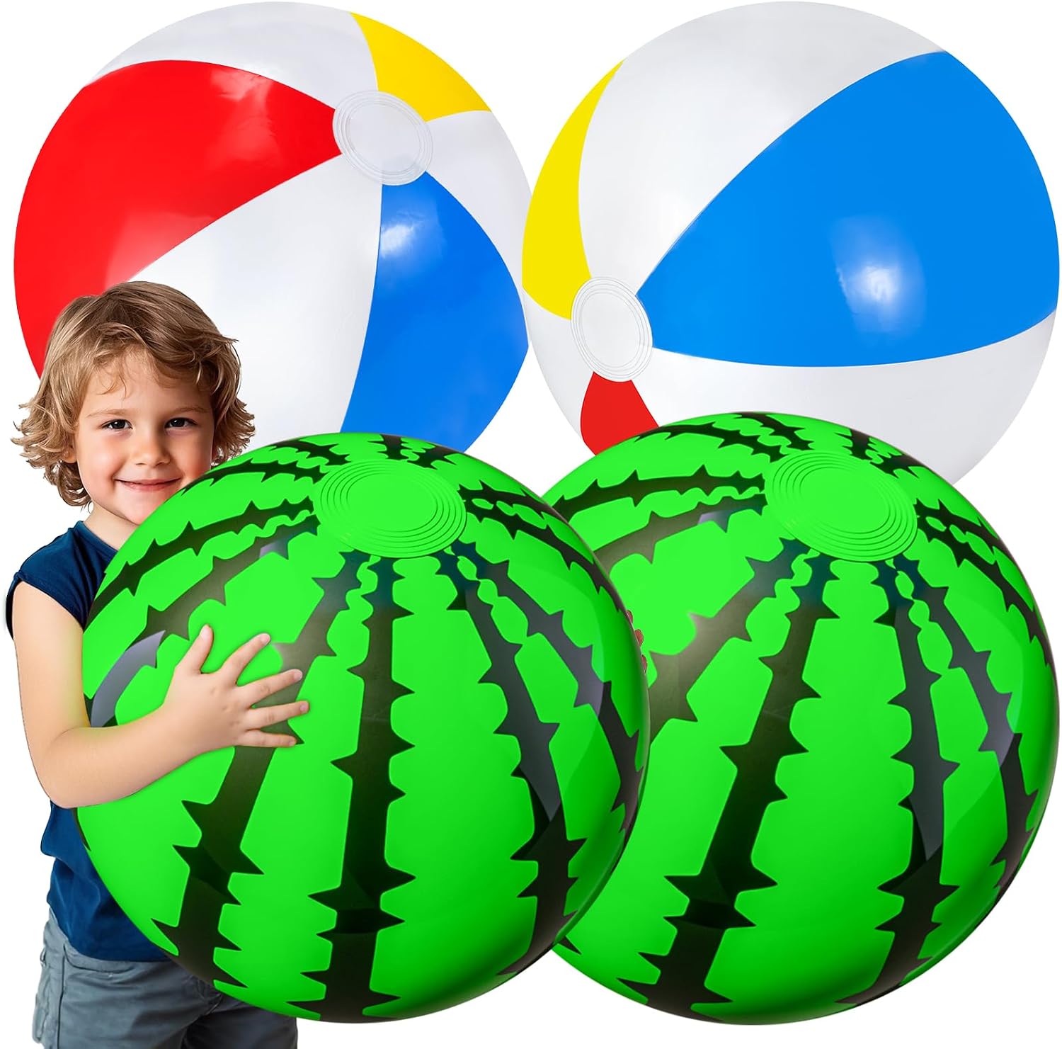 YongnKids 4 Pcs Big Beach Balls- Large Inflatable Watermelon Beach Balls and Rainbow Beach Ball Sports Ball Pool Toys Outdoor, Suit for Kids Adults Summer Water Toys Pool Party Favors Decorations