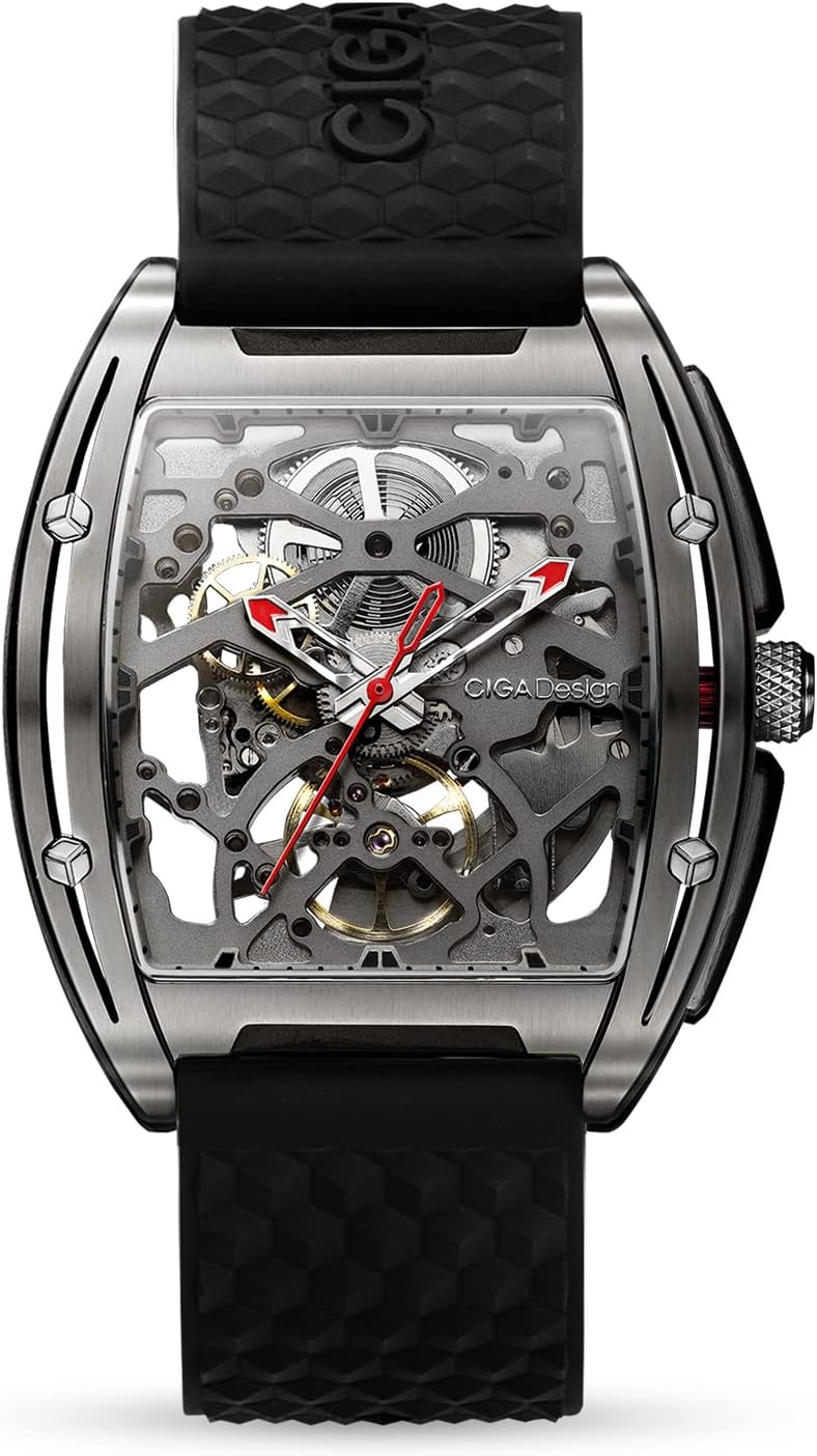 CIGA Design Skeleton Watch Z Series Titanium Automatic Mechanical Wristwatch Sapphire Tonneau Analog Men's Watches 3ATM Waterproof with Removable Silicone and Leather Strap Unisex Steampunk Gift
