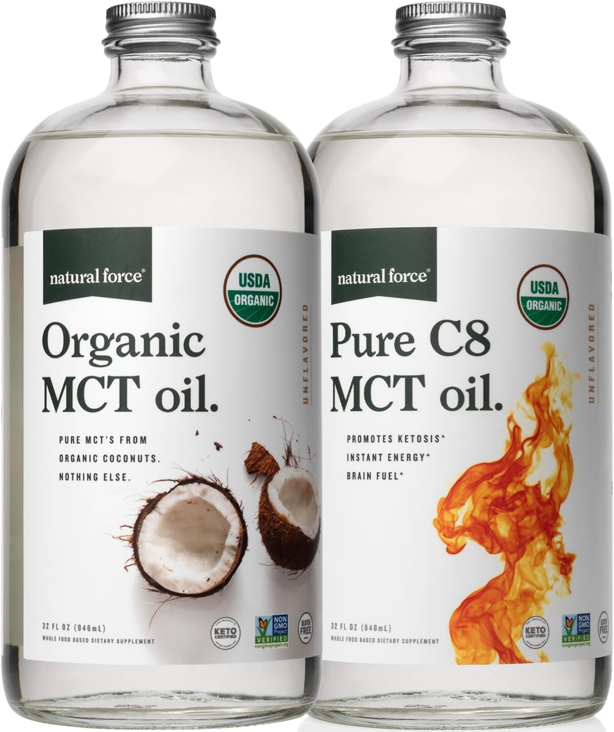 Natural Force Organic Pure C8 + Organic MCT Oil Bundle – USDA Organic, Non GMO, 100% Pure Coconut MCTs – Keto, Paleo, Vegan, and Kosher - 2X 32 Ounce Glass Bottles
