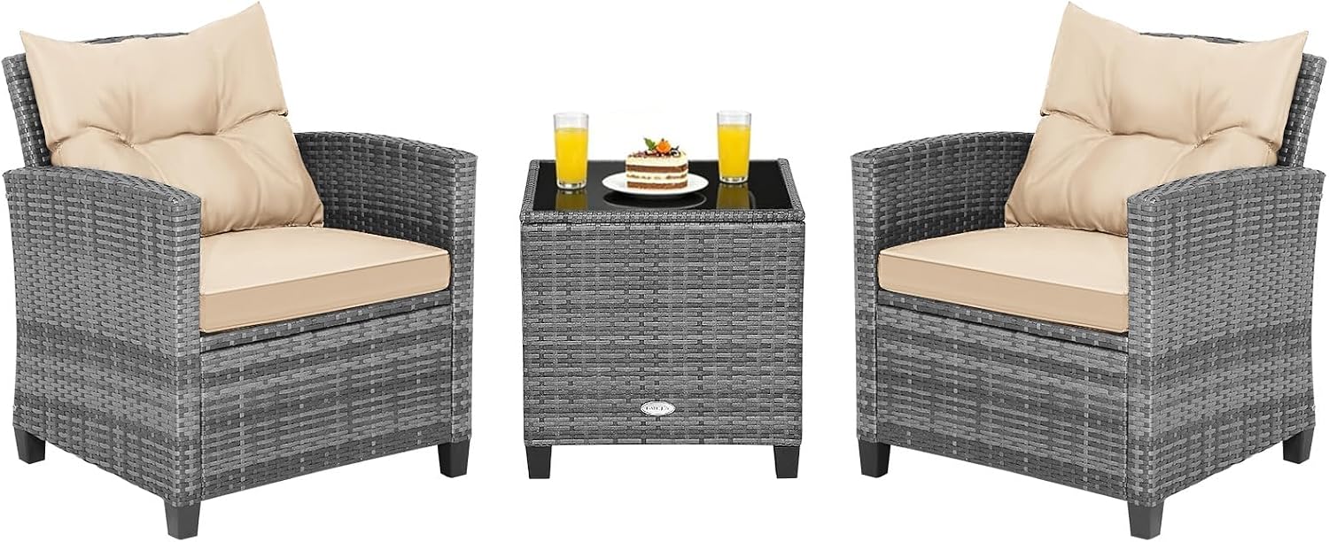 COSTWAY 3PCS Wicker Patio Furniture Set with Cushions for Balcony and Porch