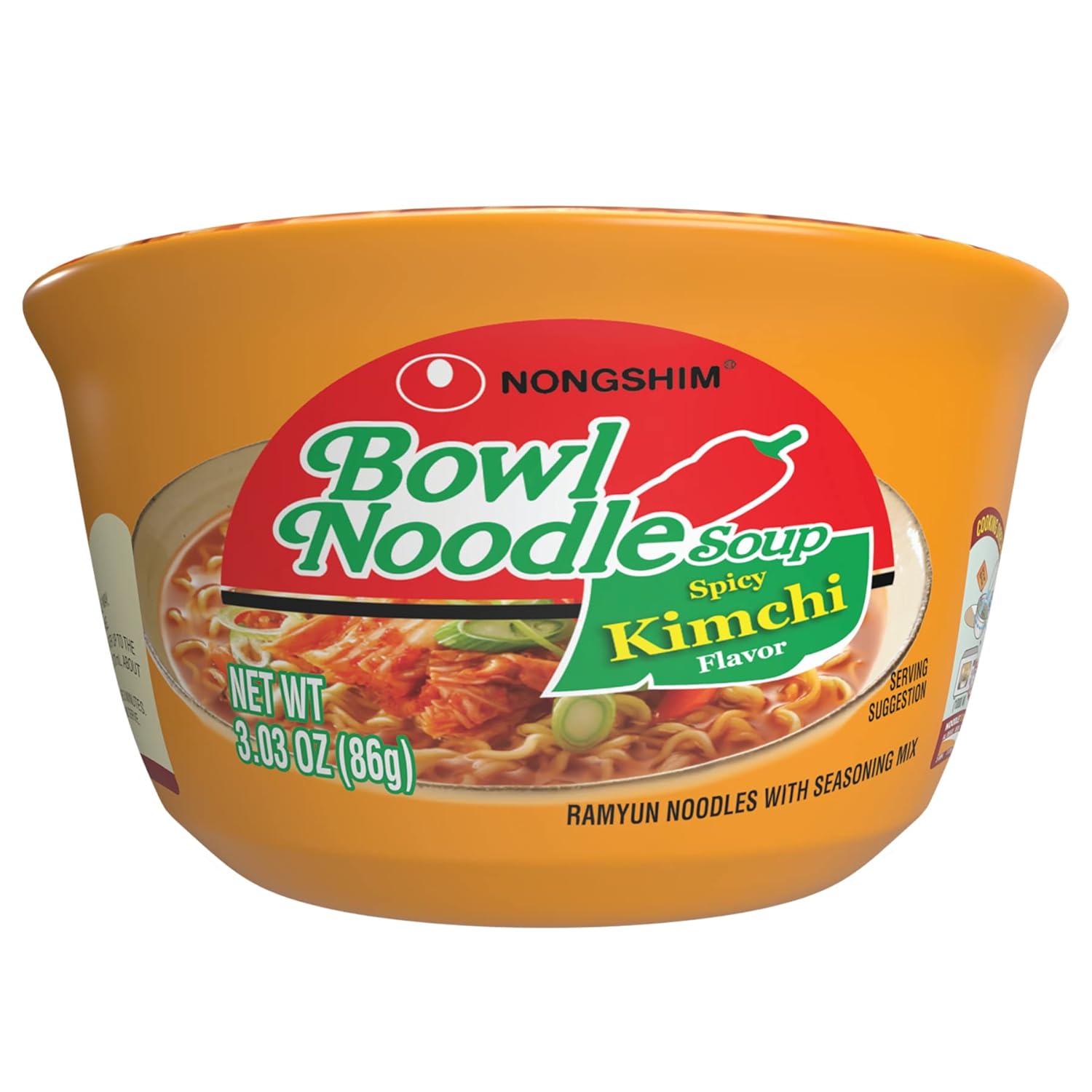 Nongshim Ramen Noodles, Gourmet Instant Ramen bowl, Premium Microwavable Noodle Soup, Kimchi, 3.03 Ounce (Pack of 12)