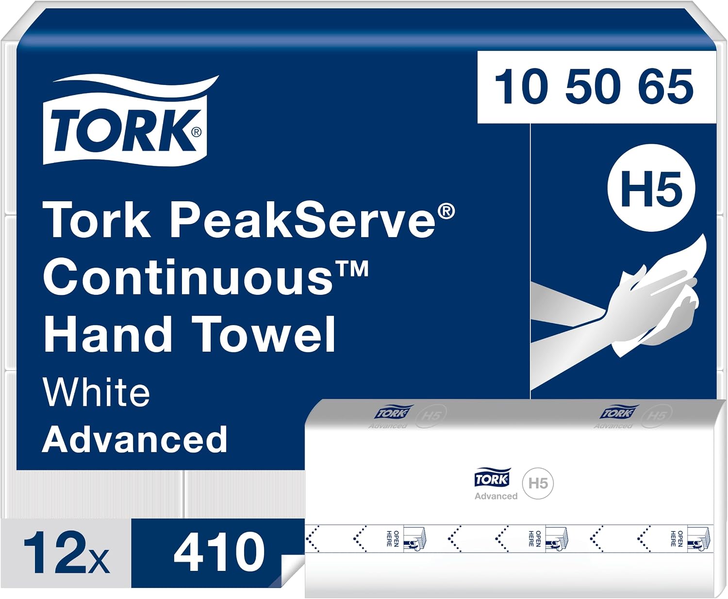 Tork PeakServe Continuous Hand Towel White H5, 12 x 410 sheets, 105065 | Compatible with H5 Dispensers, 1-Ply, Advanced, Compressed, Ideal for High-Traffic Restrooms