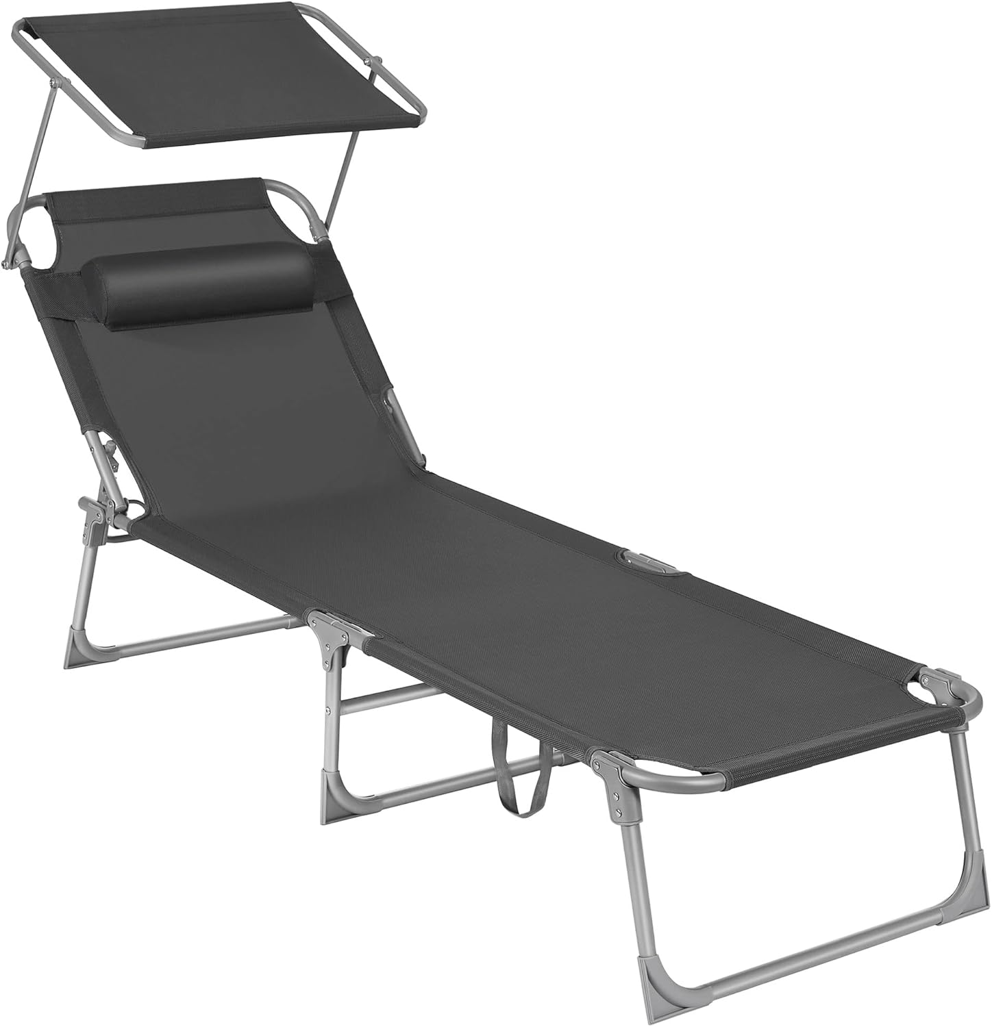SONGMICS Sun Lounger, Deck Chair Folding, Sunbed, 193 x 53 x 29 cm, Max. Load 150 kg, with Sunshade Headrest Adjustable Backrest, Reclining Sun Chair for Terrace Pool Garden, Dark Grey GCB19UV1