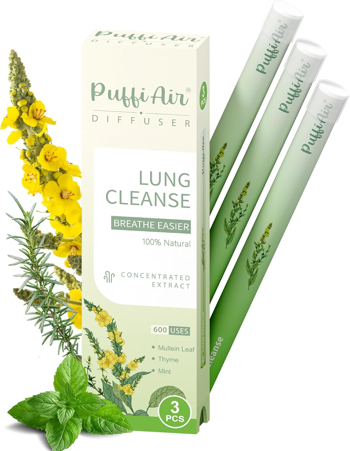 Puffiair Herbal Diffuser Pen, Mullein Flavoured Lung Cleanse Inhaler, 12cm No Nicotine Inhaler with Mullein, Thyme & Mint Extracts, Green 1800 Uses