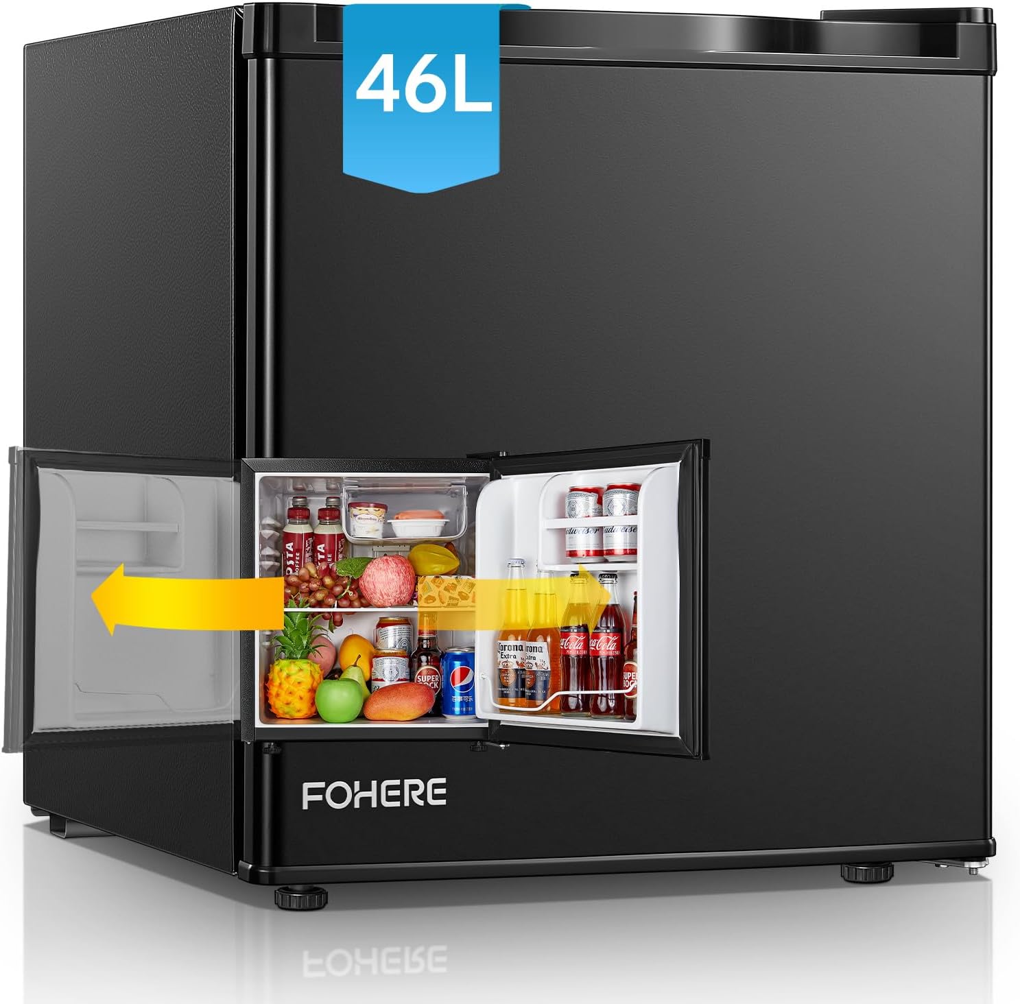 FOHERE Table Top Mini Fridge with Freezer 46L, Reversible Door, 7 Adjustable Temperature Levels, E rated, 42 dB Low Noise, Adjustable Feet, Energy Efficient, Black