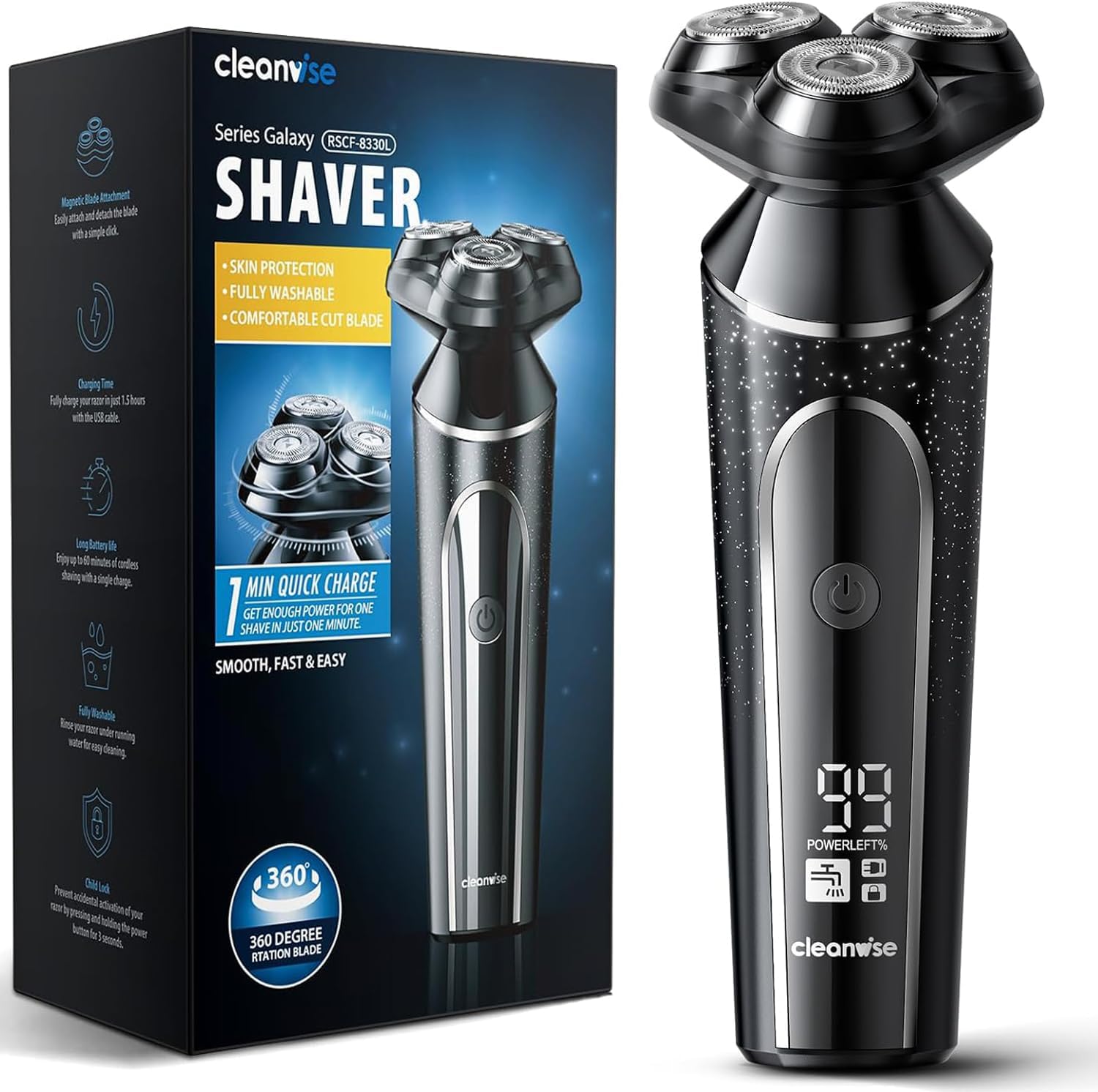 Electric Razor for Men,Wet & Dry Cordless Rotary Shavers with LCD Display,90Mins Shaving Time,IPX7 Waterproof,Pop-up Beard Trimmer,Magnetic Shaving Head,USB Rechargeable,Child Lock for Easy Cleaning