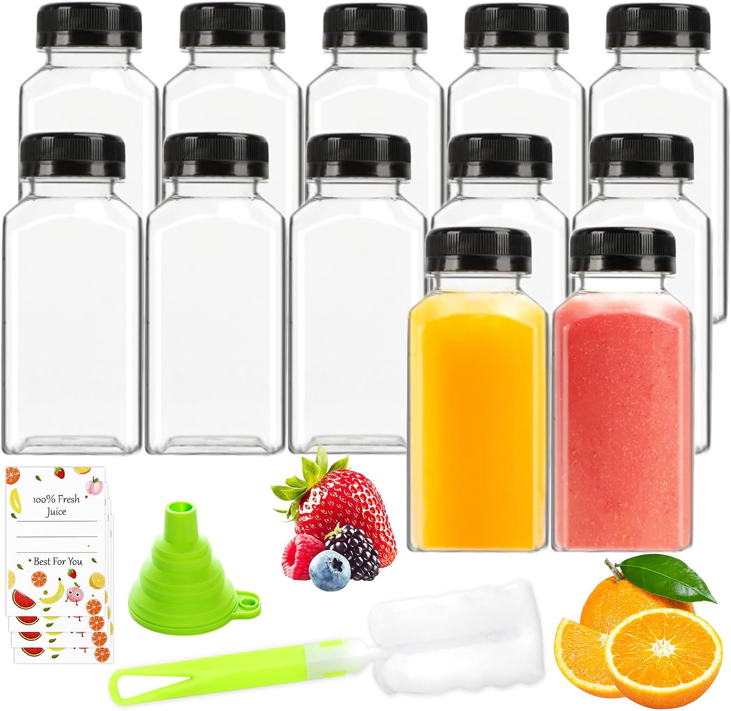 Juice Bottles - 8oz Bottles with Lids, 12 pcs Plastic Juice Containers with Caps Reusable Drink Containers for Juice Milk Coffee Water Smoothie and Other Beverages