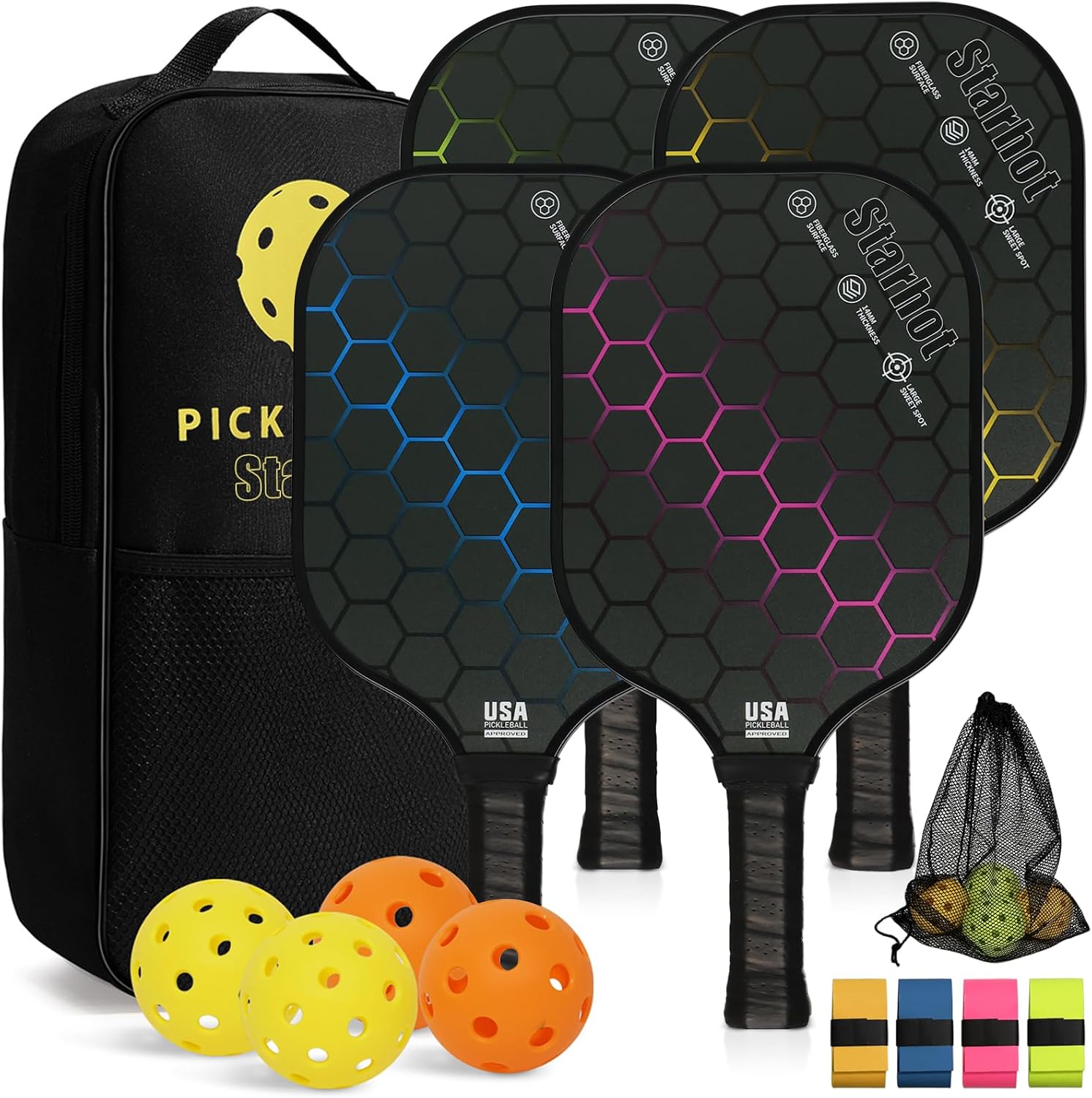 Pickleball Paddles Set of 4or 2,USAPA Approved Fibreglass Pickle Ball Rackets,Lightweight 8oz PP Honeycomb Core Bats with 4 Indoor and Outdoor Balls