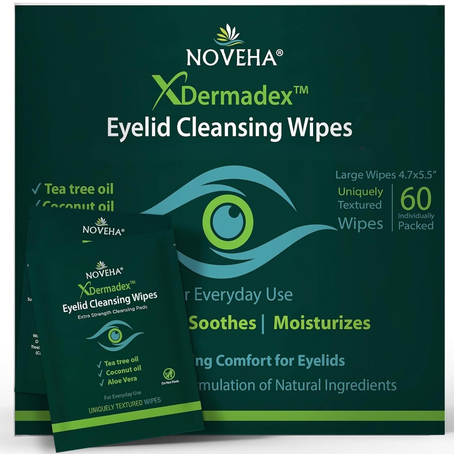 NOVEHA Eyelid & Lash Wipes | Box Of 60 Individually Wrapped Extra Strength Cleansing Eyelash Wipes - Naturally Remove debris