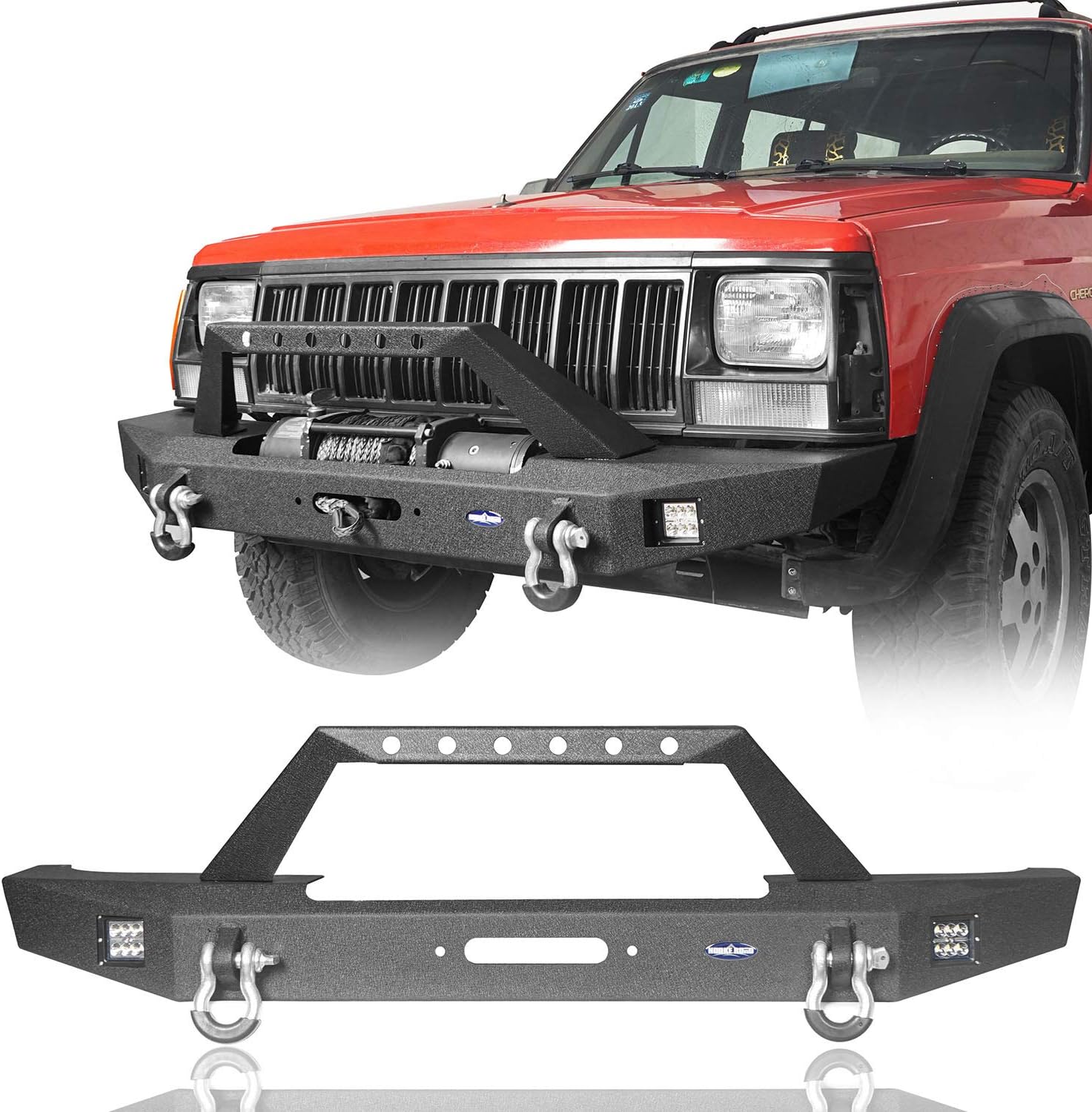 Hooke Road XJ Front Bumper w/Winch Plate for 1984-2001 Jeep Cherokee XJ, Steel Winch Bumper with LED Lights and D-rings