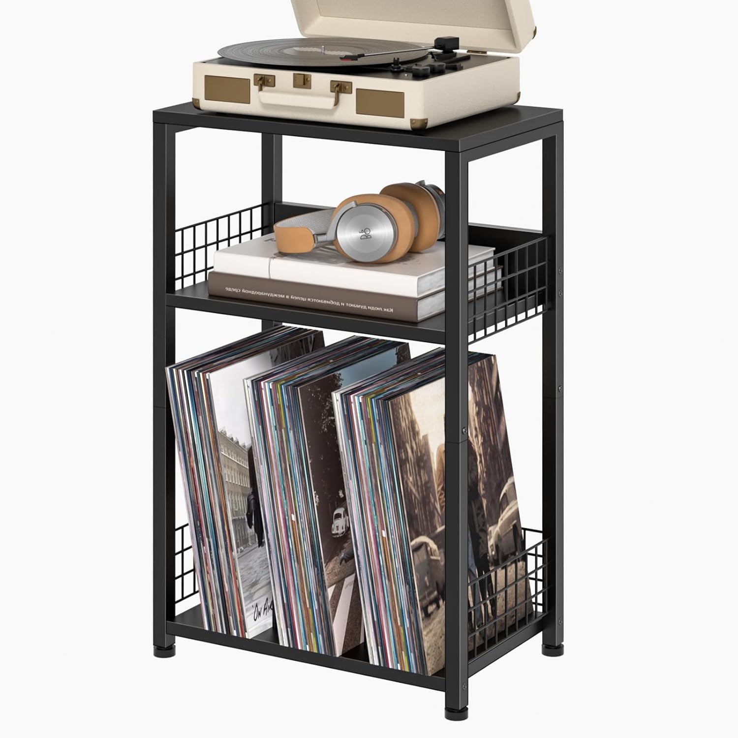 LELELINKY Side Table with Storage, Black Night Stand for Small Spaces, 3 Tier Industrial Wooden Record Player Holder with Vinyl Storage Shelf, End Tables Printer Stand for Bedroom