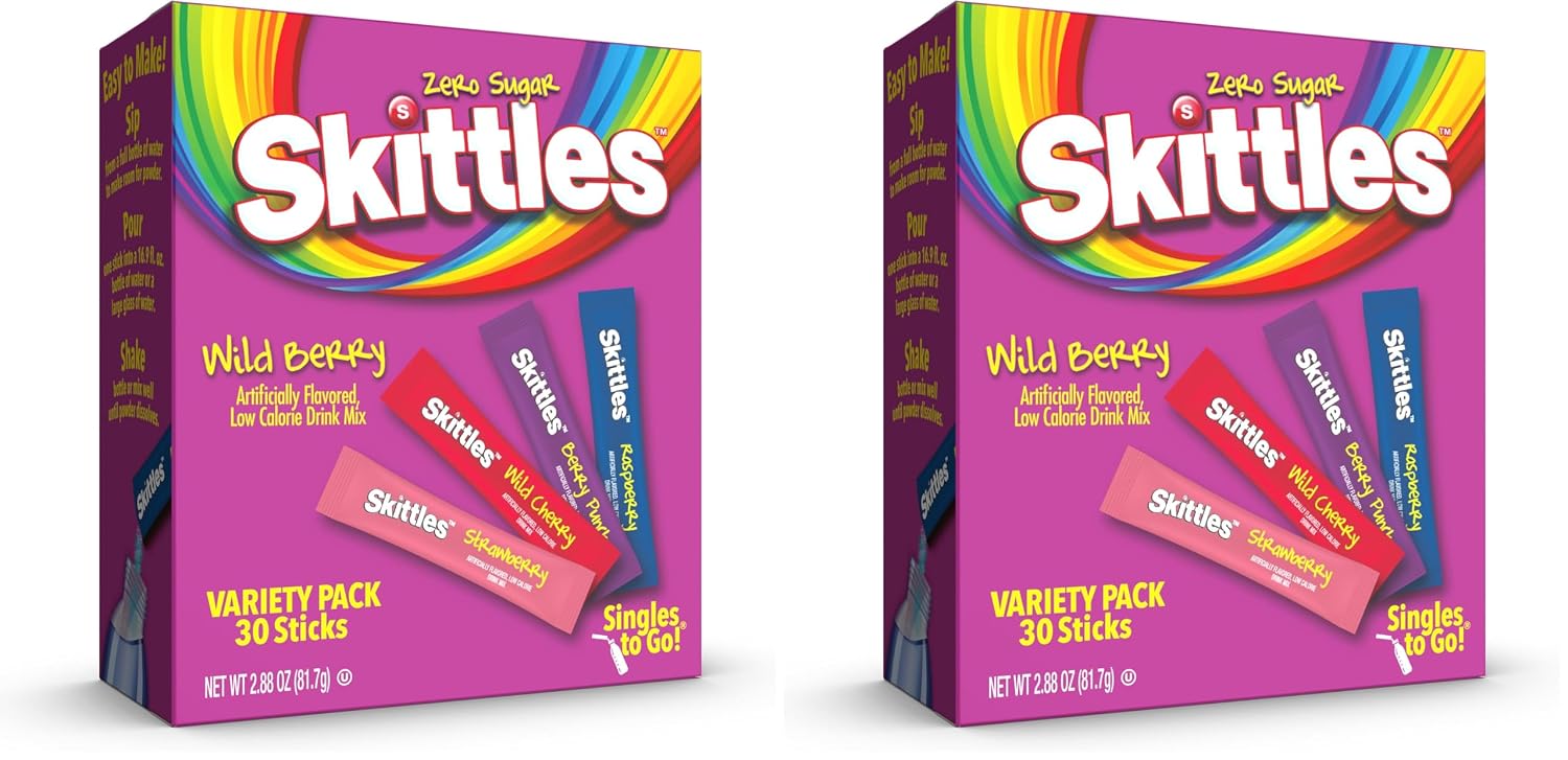 Skittles Singles To Go Wild Berry Variety Pack, Watertok Powdered Drink Mix, Zero Sugar, Low Calorie, Includes 4 Wild Berry Flavors, 1 Box (30 Single Servings) (Pack of 2)