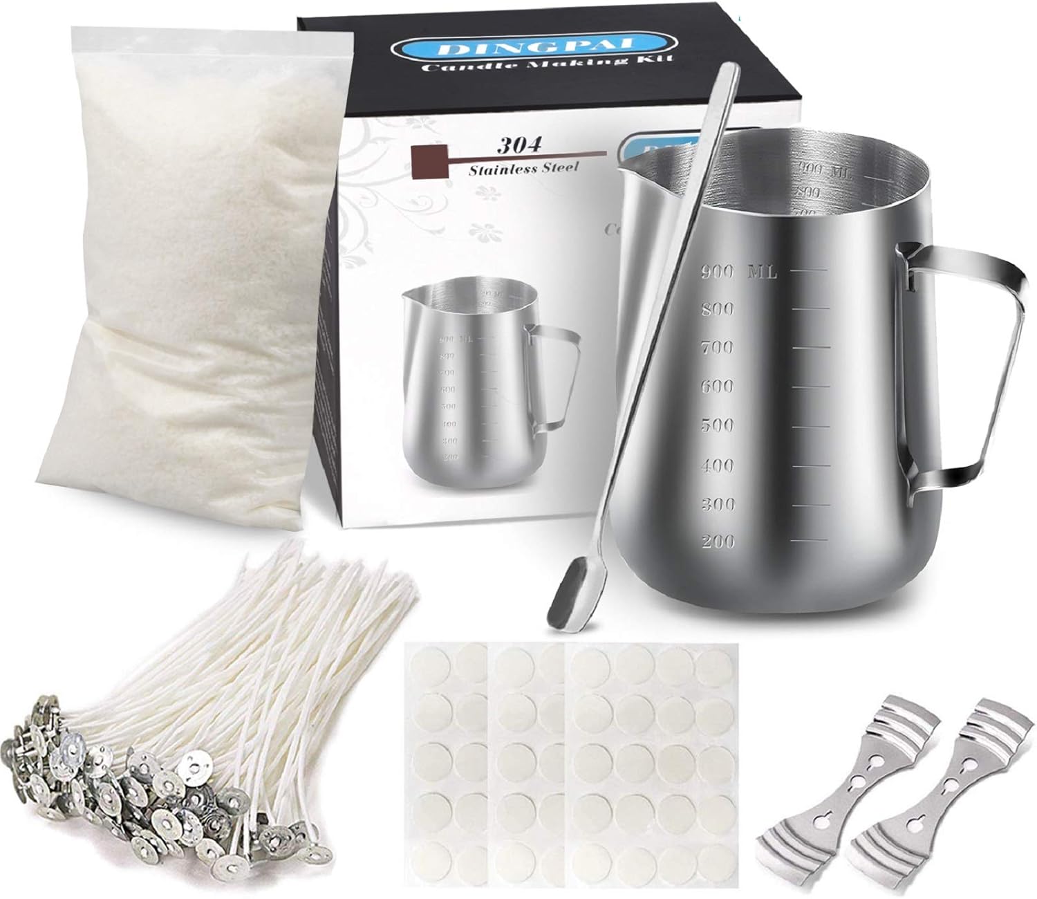 Candle Making Kit Supplies,DIY Craft Tools Including Candle Make Pouring Pot, Sticker, 3-Hole Wicks Holder, Natural Soy Wax and Spoon