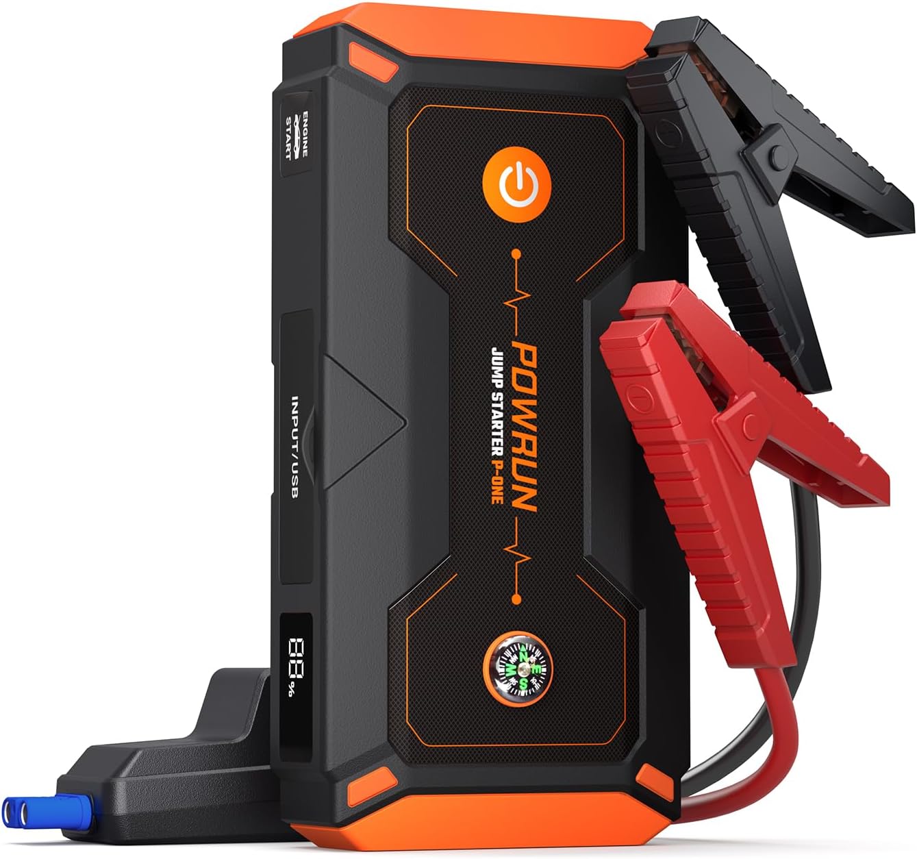 Powrun P-ONE Jump Starter Power Pack,2000A Peak Portable Car Jump Starter Power Bank(up to 8.0L Gas and 6.5L Diesel),12V Battery Jump Starter with LED Flashlight,Type-C Input,Carry Case (Orange)