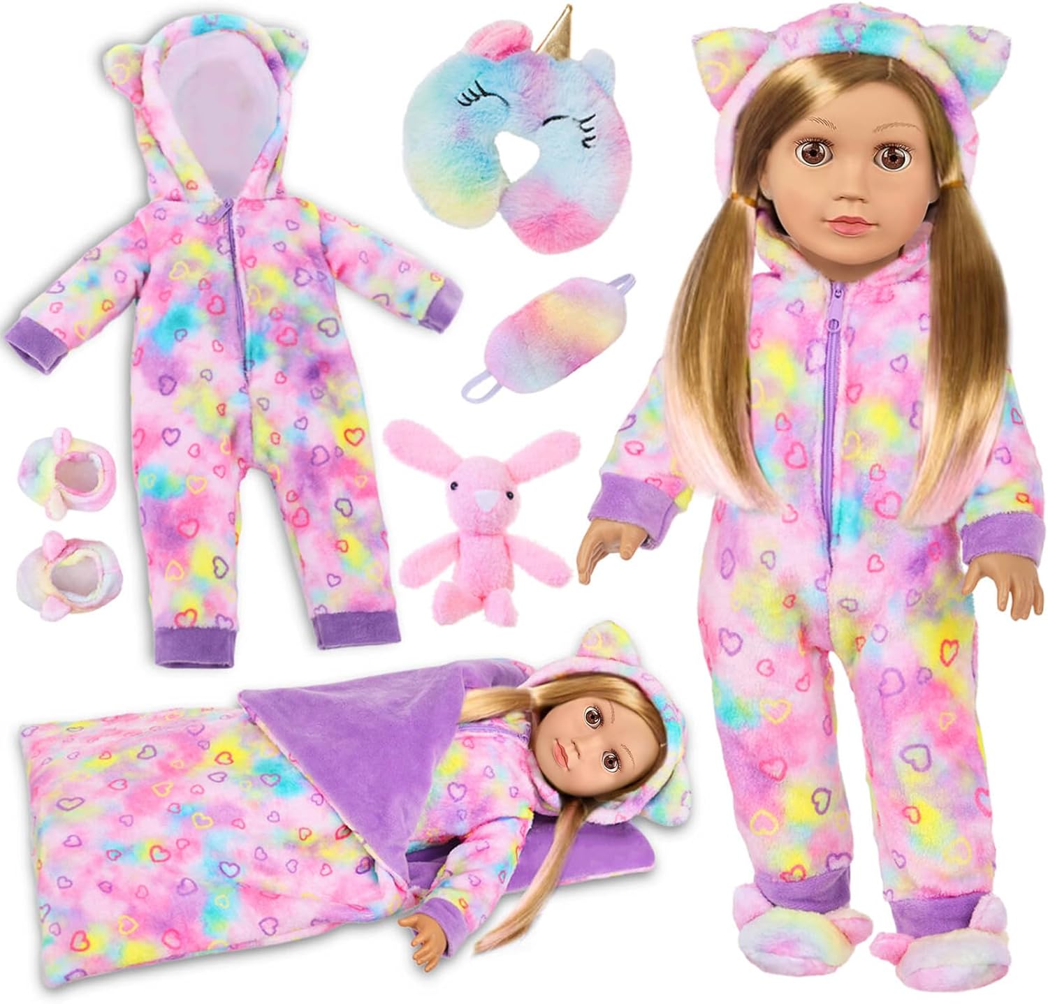 American 18" Doll Clothes and Sleep Bag Accessories,Sleepover Outfit Set Fits 18 Inch Dolls Include Rainbow Costume,Unicorn Style Pillow,Eye Mask,Shoes,Animal Toy Gifts for Girls (No Doll)