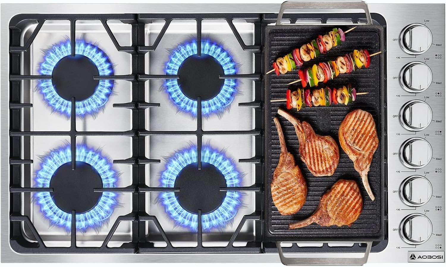 AAOBOSI 36 inch Gas Cooktop, Gas Stovetop with 72,000 BTUs 6 Burners Propane Cooktop, NG/LPG Convertible, Cast Iron Grates Stainless Steel, Ideal Gas Stoves for RV, Kitchen, Home