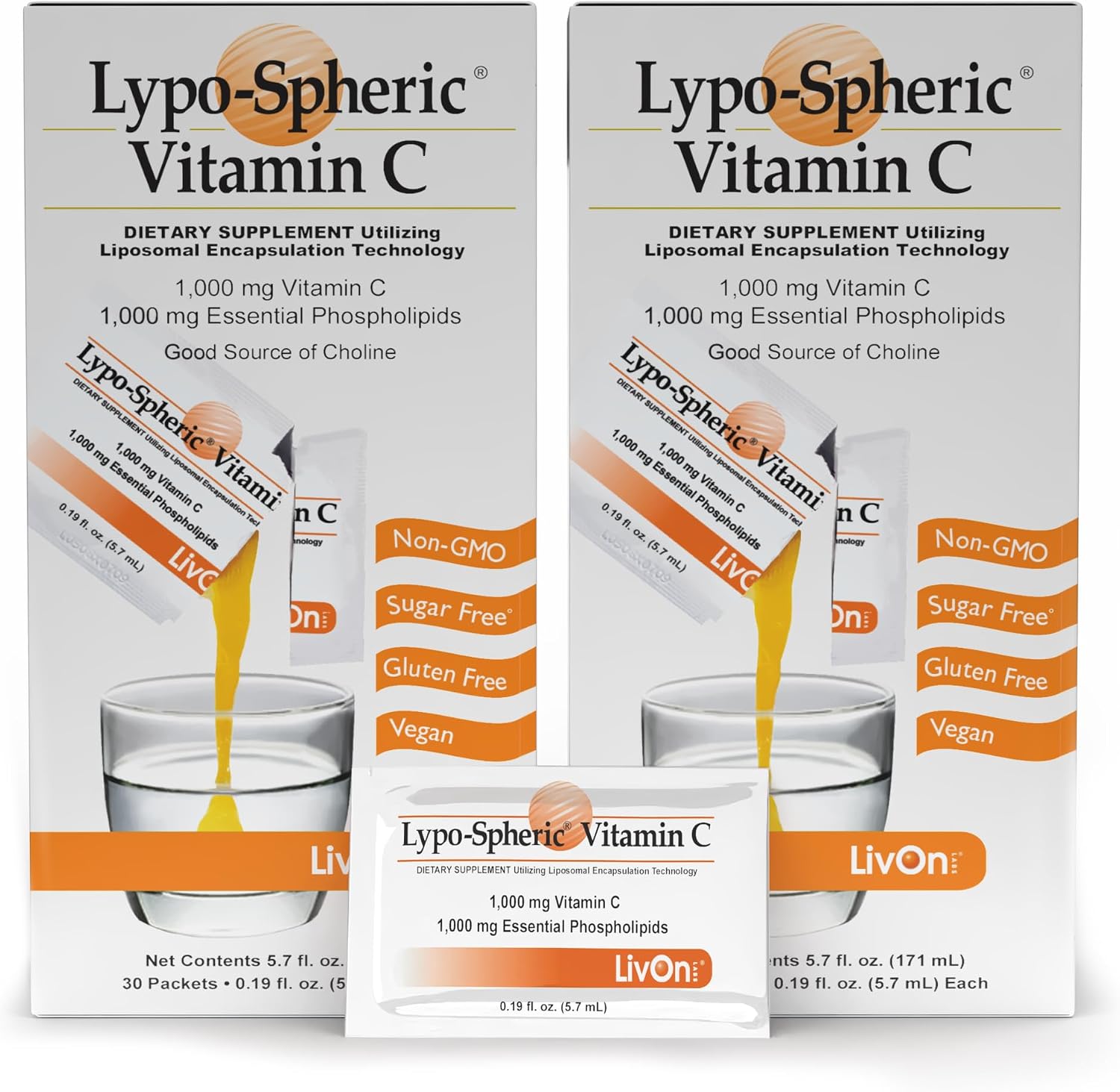 LivOn Laboratories - Lypo–Spheric Vitamin C – 1,000 mg Vitamin C & 1,000 mg Essential Phospholipids Per Packet – Liposome Encapsulated for Improved Absorption – Non–GMO - 2 Pack (60 Count)