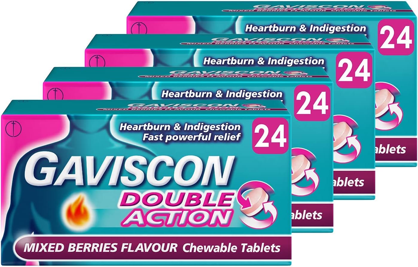 Gaviscon Double Action Heartburn Relief, Mixed Berries, 4-Pack (96 Total) - Fast Soothing For Acid Reflux And Digestive Comfort