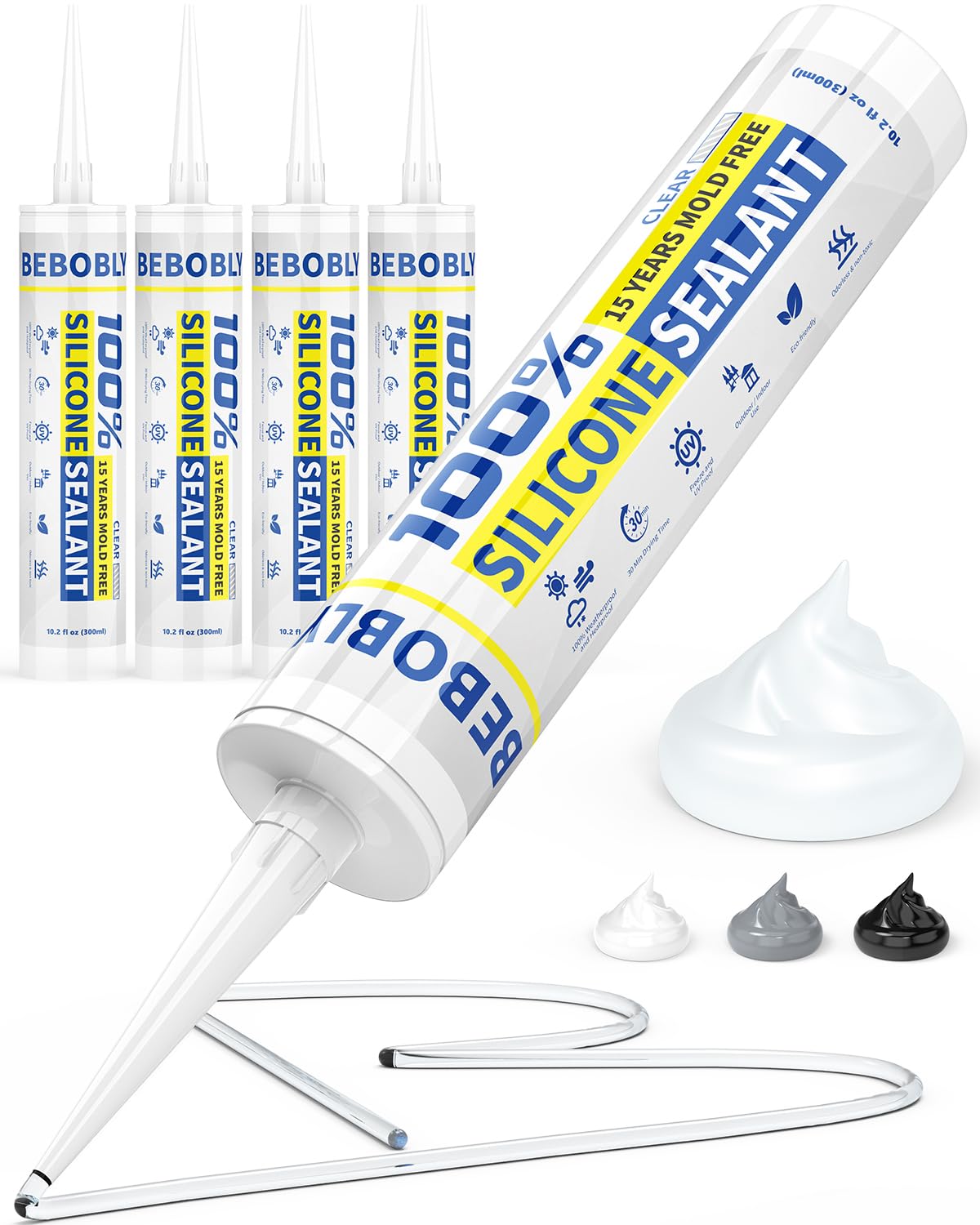 Silicone Caulk & Sealant Clear, 100% Waterproof Silicone Sealant, Shrink & Crack Proof, Silicone Caulking for Kitchen, Bathroom, RV, Interior & Exterior Use, 10.2 FL. OZ/300ML, 4 Pack