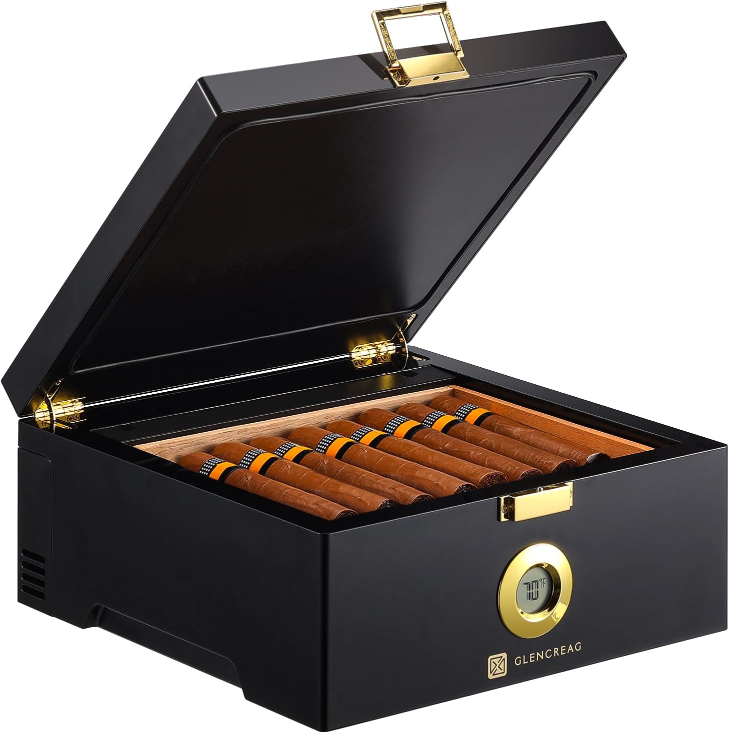 GLENCREAG Electric Thermostatic Cigar Humidor Box (64°F–74°F), 360° Airflow Fan, Spanish Cedar Wood & Thermometer, Dual Power (Type-C & Plug), Gifts for Men (20–30 Cigars)