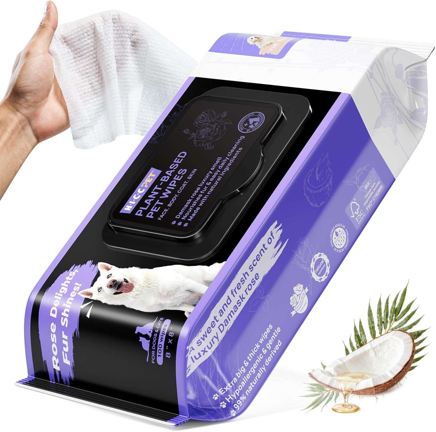 HICC PET Cleaning Deodorizing Wipes for Dogs & Cats, Vet Recommended Nourishes Smoothes Fur Pet Grooming Wipes with Fermented Coconut Oil, Hypoallergenic Dog Wipes for Paws and Butt, Face, Body