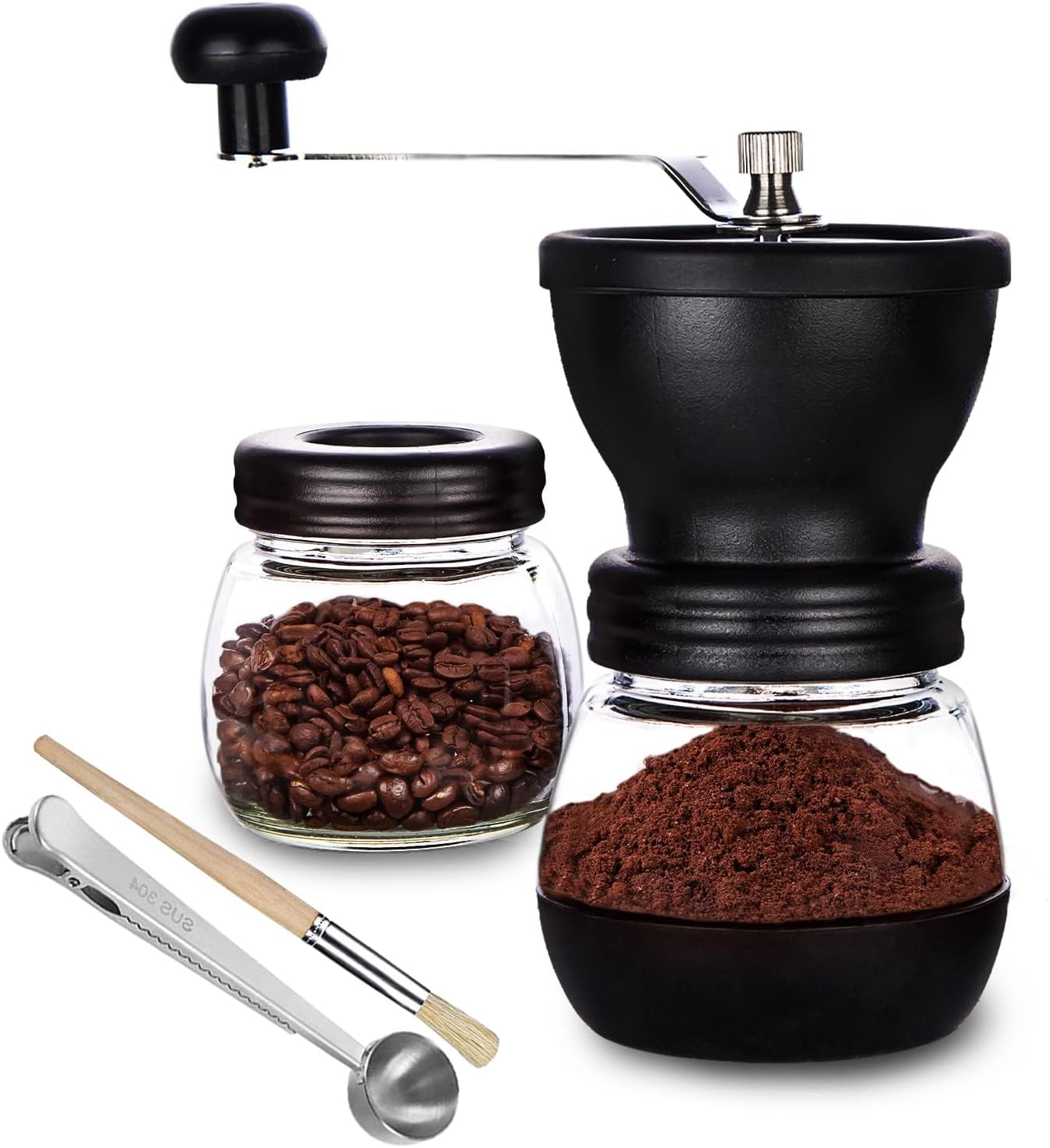 PARACITY Manual Coffee Bean Grinder with 2 Glass Jars(11oz Each), Hand Coffee Grinder Mill with Ceramic Burr, Hand Crank/Handheld, Small Portable Coffee Grinders with Brush/Spoon for Camping