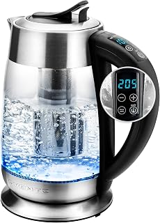 OVENTE Electric Glass Kettle Hot Water Boiler 1.8 Liter BPA Free - 1500W w/Stainless Steel Infuser, Set Temperature Control, Auto Shut Off, Portable Fast Instant Heater for Coffee & Tea - KG661S