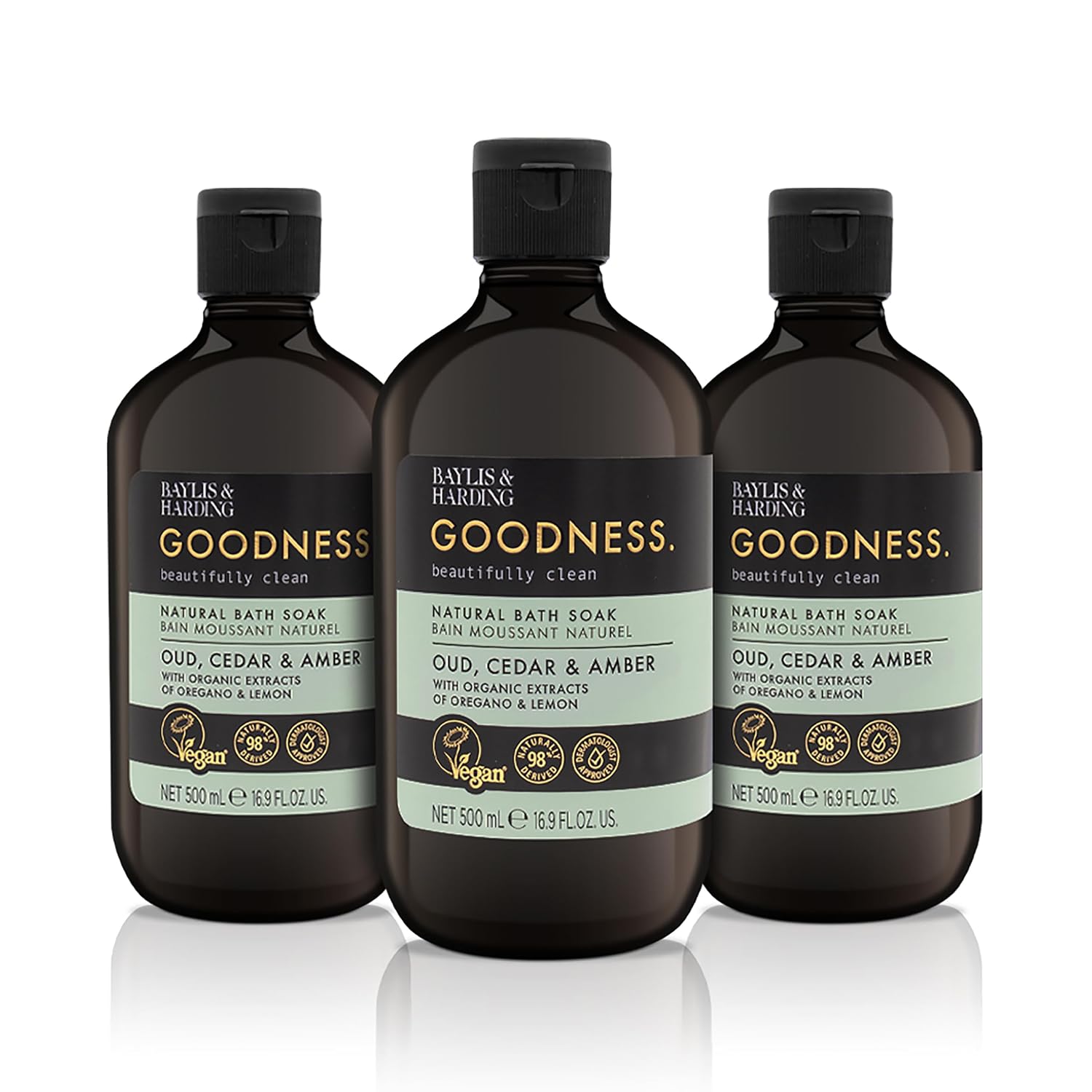Baylis & Harding Goodness Oud, Cedar & Amber Natural Bubble Bath 16.9 fl. oz (Pack of 3) - Biodegradable Formula - Vegan Friendly