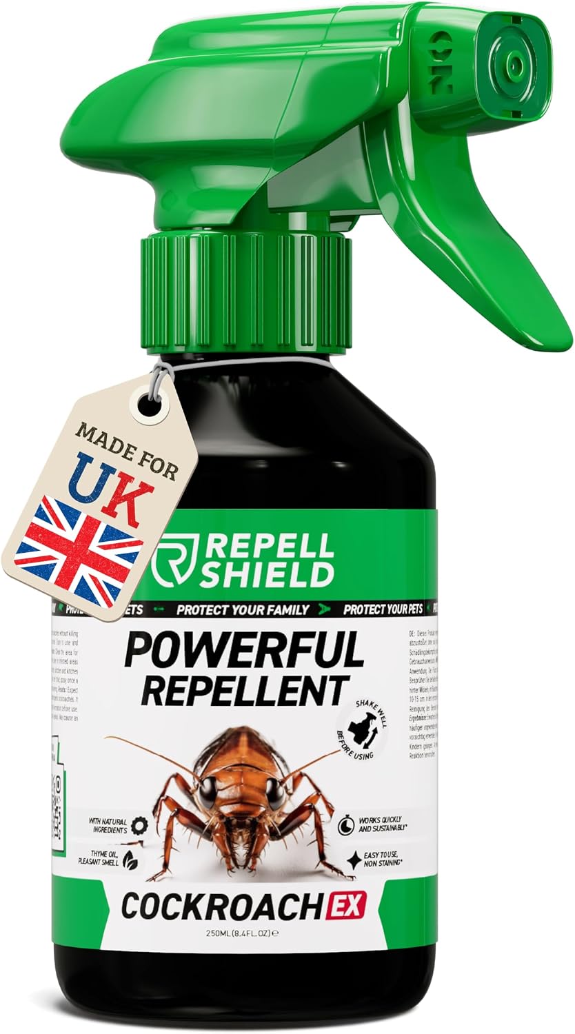 RepellShield Cockroach Repellent Spray - Natural Geraniol Oil, Pet-Safe, Non-Toxic, High Efficiency Pest Control for Homes, Thyme Scented, Versatile Indoors & Outdoors, Eco-Friendly Eradication, 250ml
