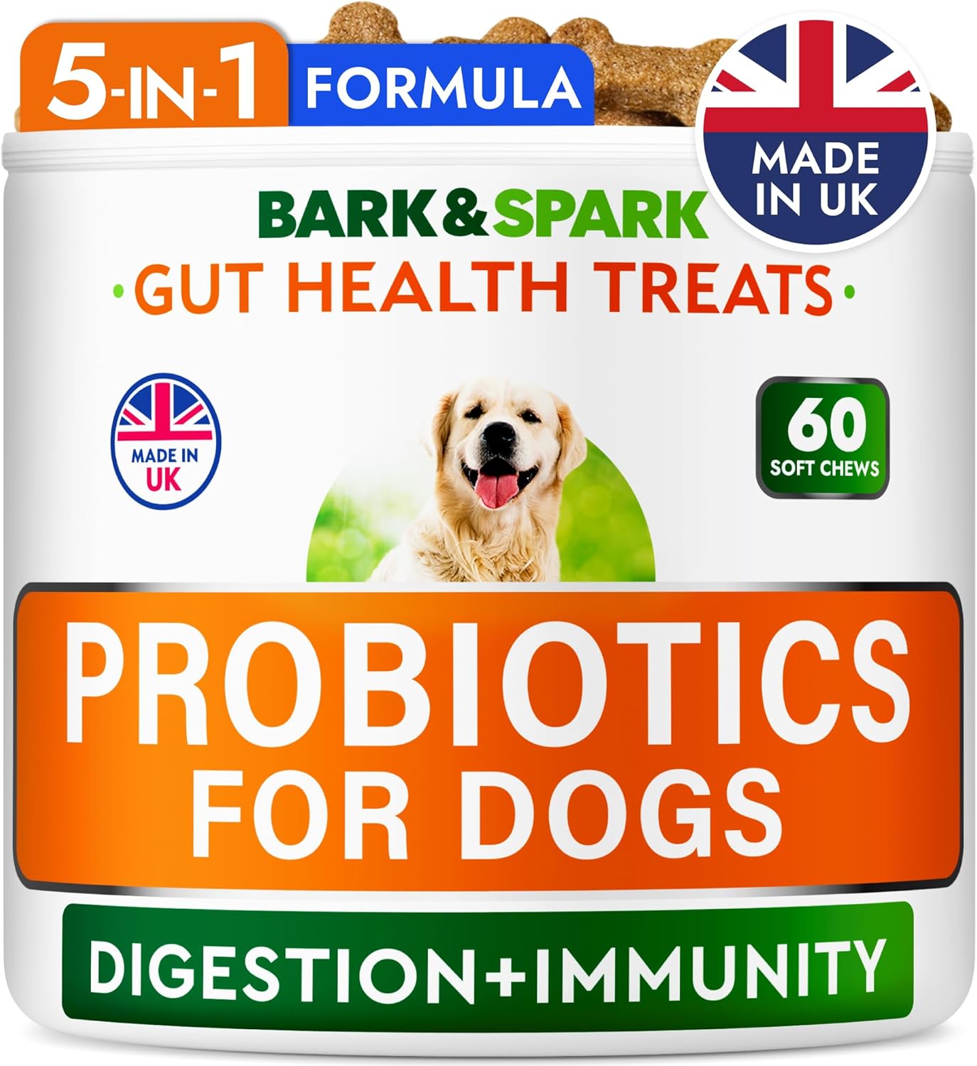 BARK&SPARK Vet Strength Dog Probiotics for Gut Health & Digestive Enzymes - Gas, Diarrhea, Constipation Chewables - Allergies Itchy Skin - Dogs Digestive Health - 60 Count (Pack of 1) Grilled Turkey
