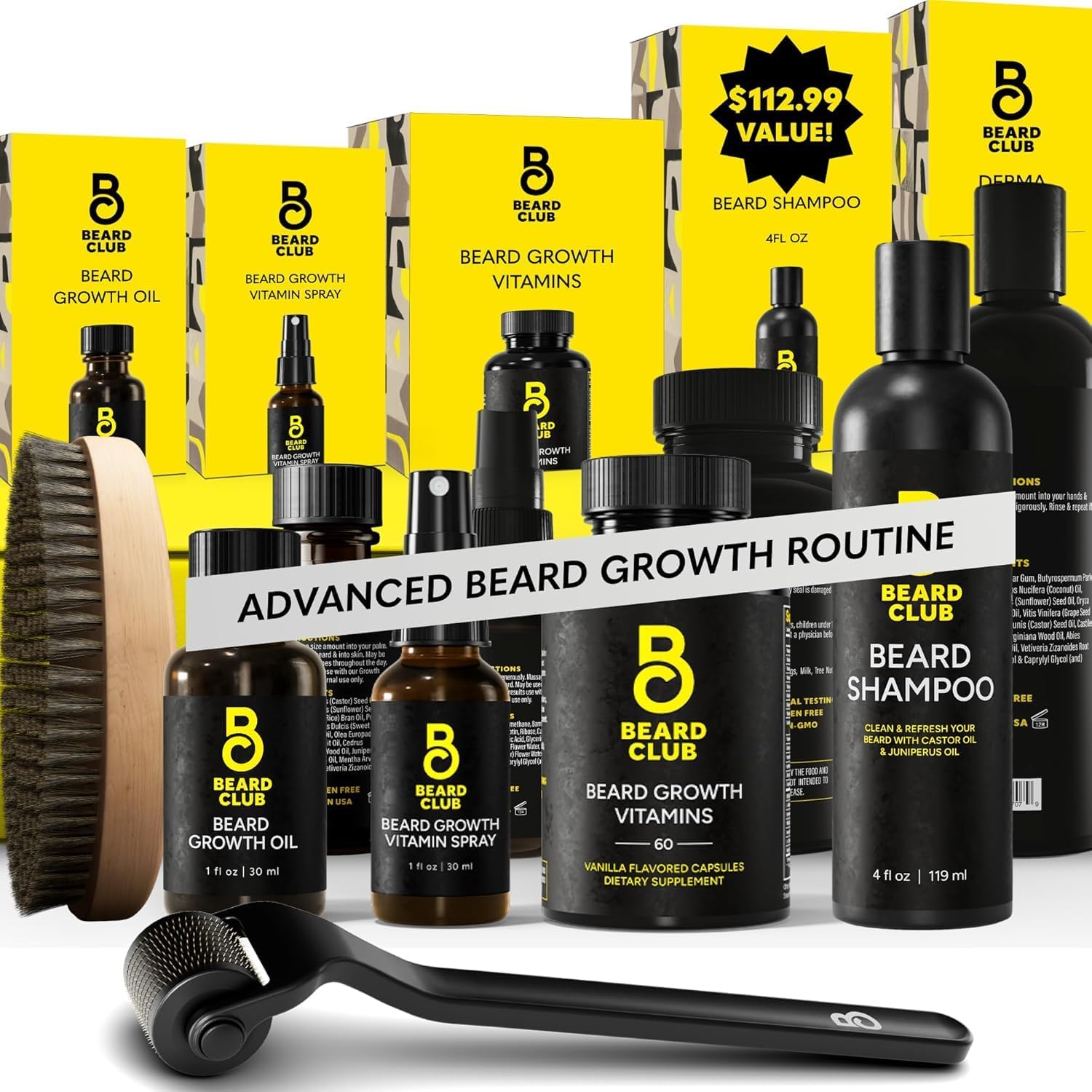 Beard Club Advanced Beard Growth Kit - Derma Roller, Beard Oil, Vitamins and Beard Spray, Beard Shampoo and Beard Brush - Gift Set