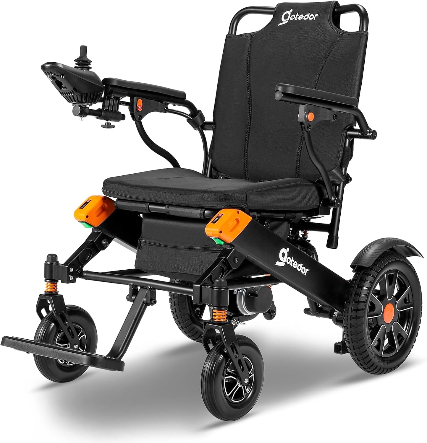Aotedor Electric Wheelchairs for Adults Seniors,All Terrain Power Wheelchair 20 Miles Travel Range with 2 Packs Side Slide-in Batteries Safe and Comfortable（Black-Orange）