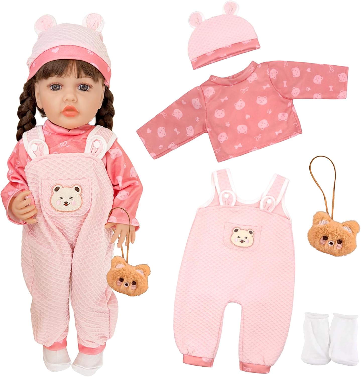 5 Pcs Baby Doll Clothes for 20-22 Inch Dolls, Sweet 20-22 inch Pink Baby Doll Overalls with 1 Bear Print Top+1 Jumpsuit+1 Hat+1 Bear Pendant+Socks, 50-56cm Baby Doll Outfits Gifts for Girls/Boys