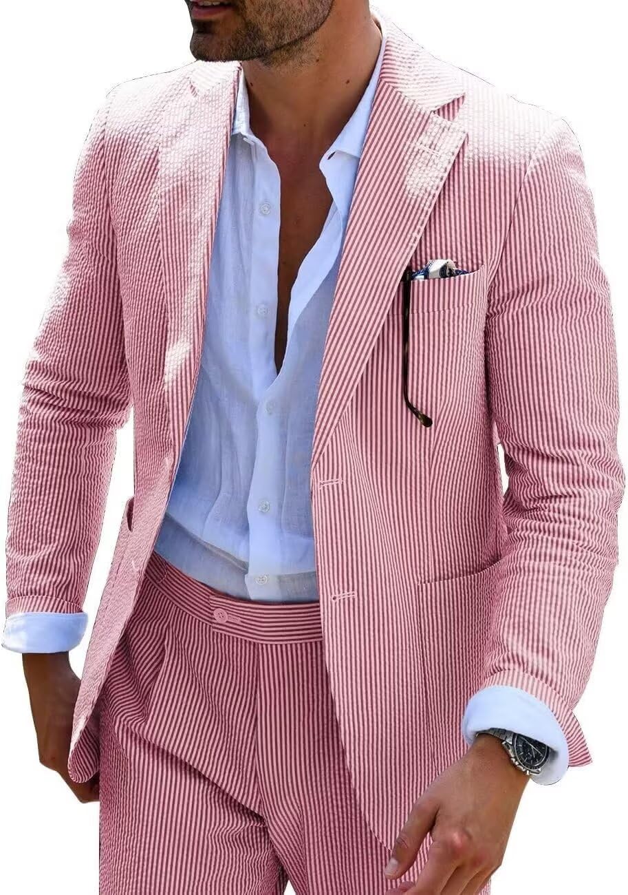 Mens Blue Seersucker Summer Suits Grooms Sear Sucker Suit for Wedding Mens Formal Suits Slim Fit