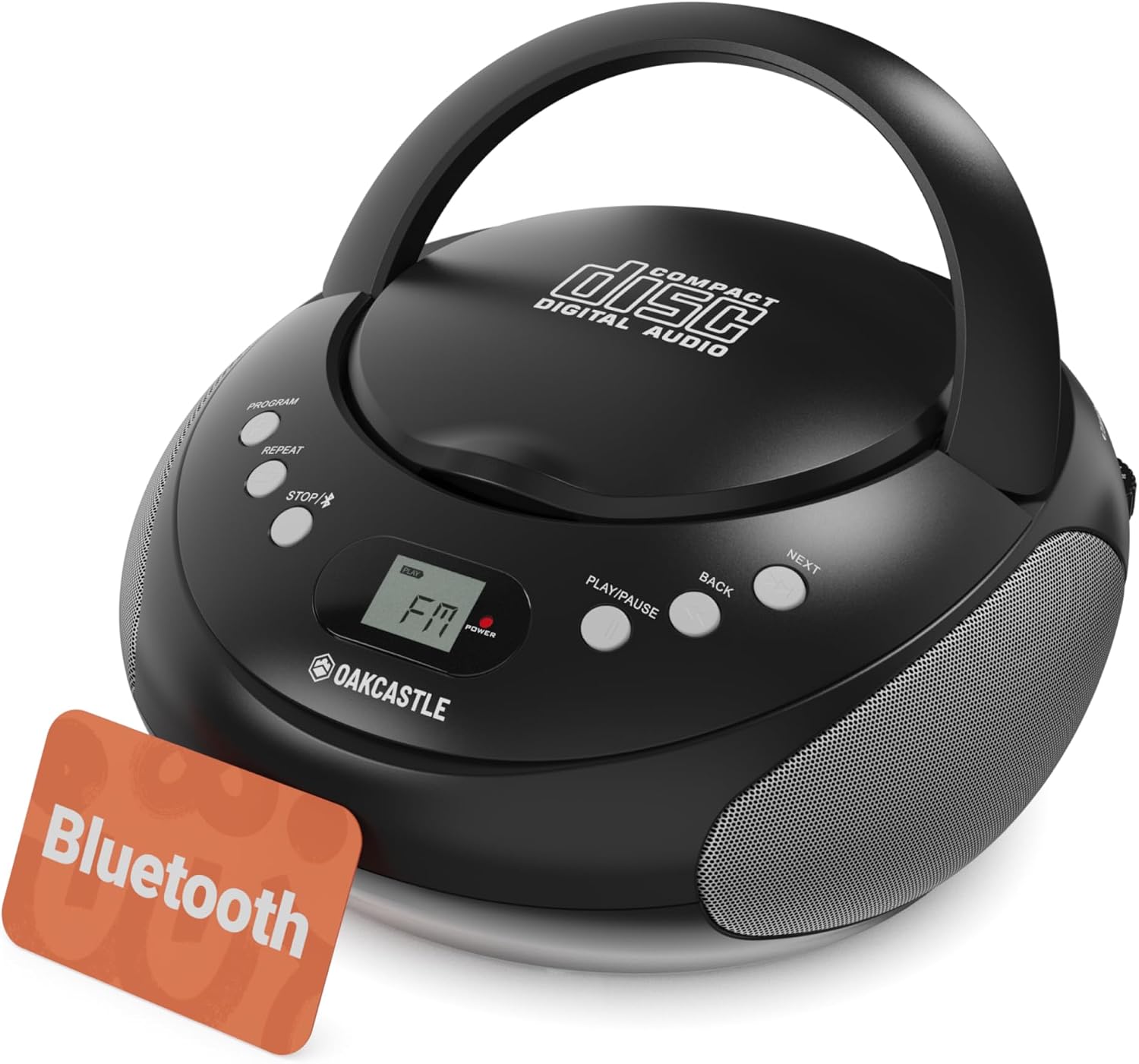 Portable Bluetooth CD Boombox with FM radio | CD, CD-R, CD-RW | 30 Presets | Easy Controls, LED Display, Headphone Jack | OAKCASTLE CD250 (Black)