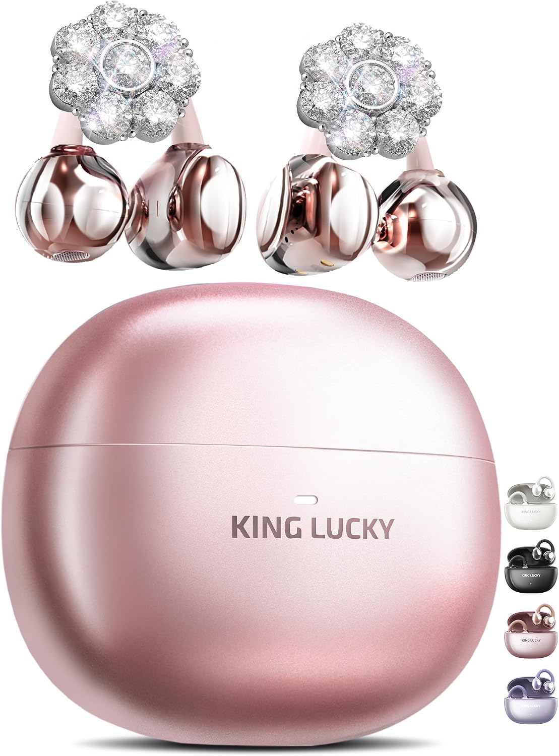 King Lucky Clip-on Earbuds Jewelry Wireless Bluetooth 5.4 Comfortable Open Ear Headphones with Detachable Flower Earrings,IPX5 Waterproof, 50H Play, for Women, Gift,Parties,Festival (Pink)