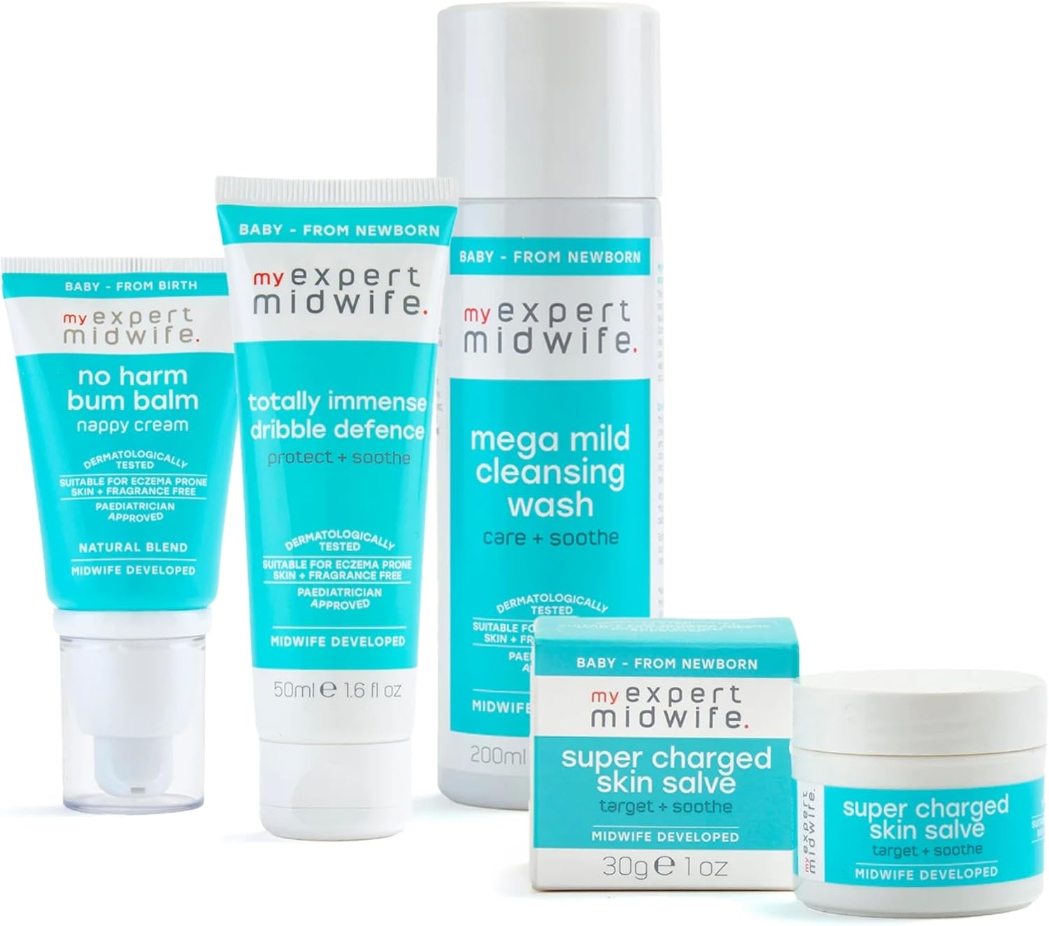 My Expert Midwife Newborn Baby Mega Mild Skincare Starter Kit | Clean Ingredients | Sensitive Skin + Fragrance Free | Set of 4-Cleansing Wash, Nappy Cream, Skin Salve, Dribble Defence