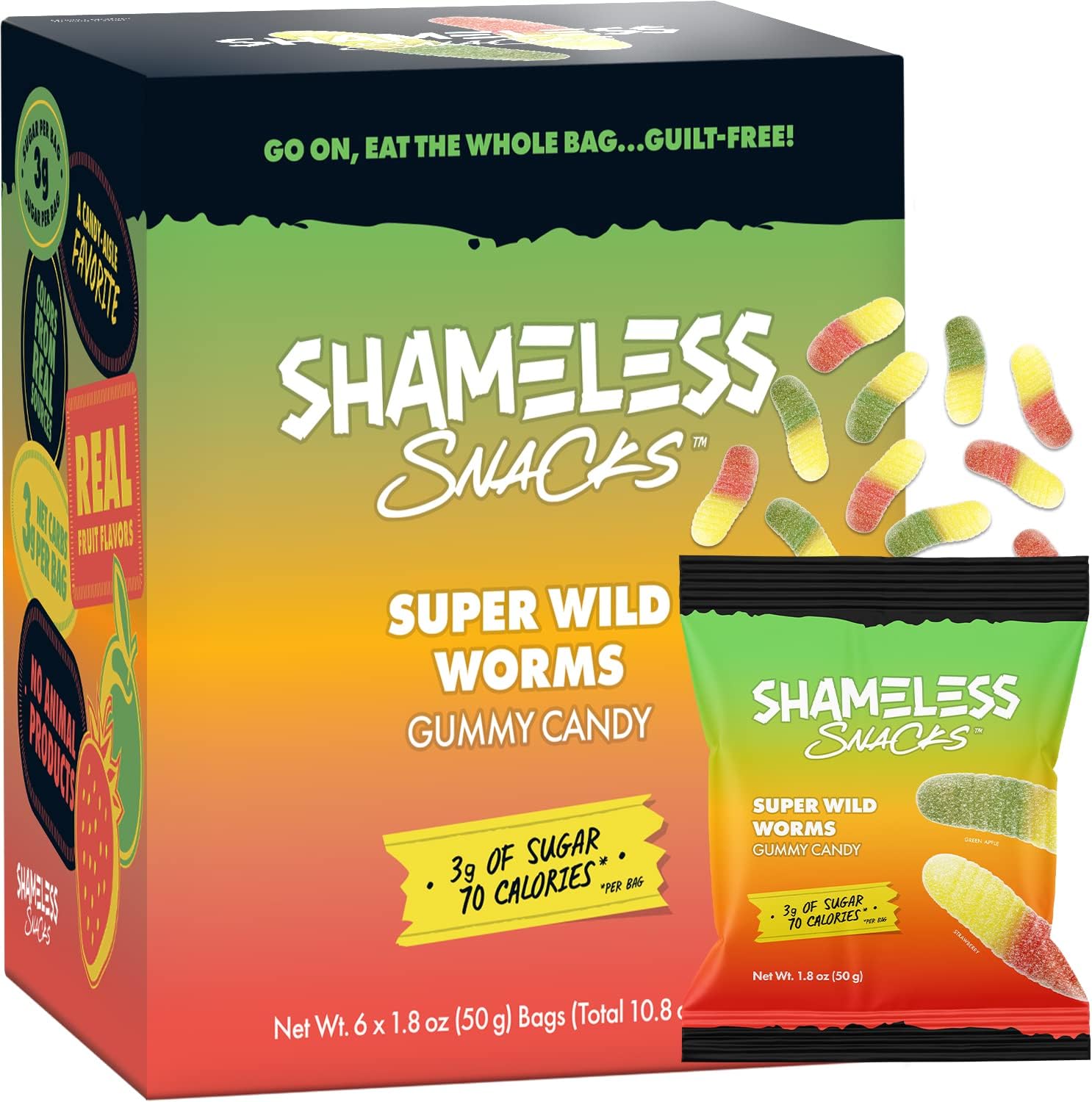 Shameless Snacks - Healthy Low Calorie Snacks, Low Carb Keto Gummies (Gluten Free Candy) - 6 Pack Super Wild Worms