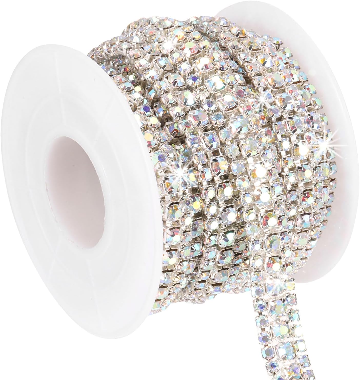 PATIKIL 3 Yards Rhinestone Chain Roll, 3 Rows Crystal Close Chain Bling Sewing Trim Strip for Clothing Crafts, DIY Costume Decoration, Bag Rim Embellishment, Silver/AB Colorful