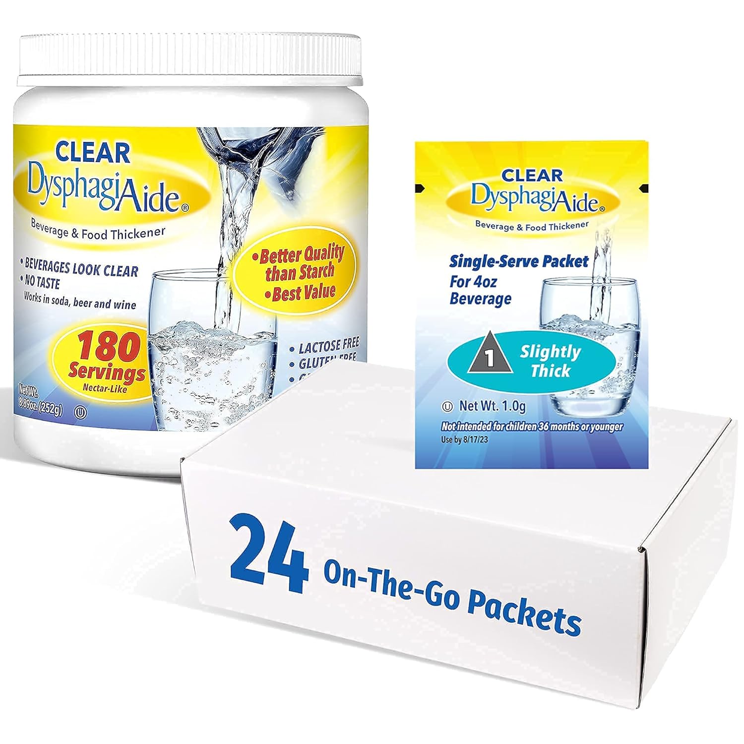 Clear DysphagiAide Level 1 Combo Pack – an 8.89 Ounce Jar and 24 Slightly Thick Convenience Packets – Liquid and Food Thickener