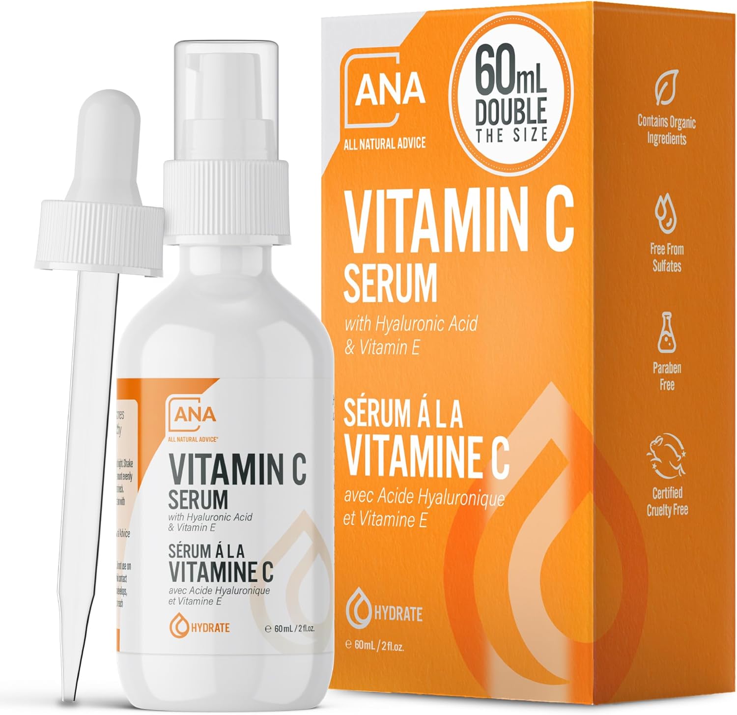 All Natural Advice Vitamin C Serum For Face with Hyaluronic Acid & Vitamin E – Facial Serum - Organic Face Care -Proud Canadian Company (60ml / 2oz)