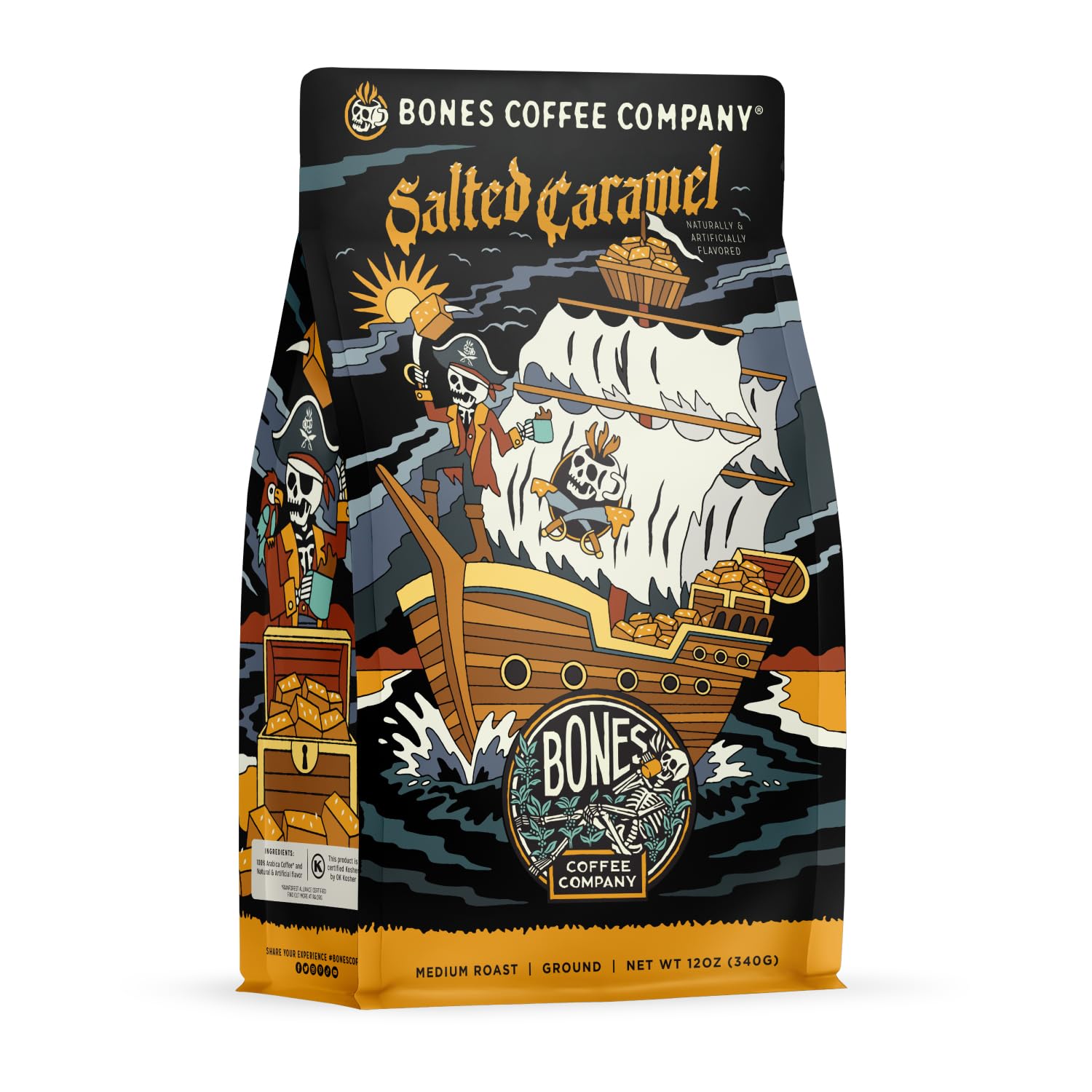Bones Coffee Company Salted Caramel Flavored Coffee, Medium Roast Low Acid Arabica Beans Compatible with Auto drip and French Press Coffee Maker, 12 Oz Ground
