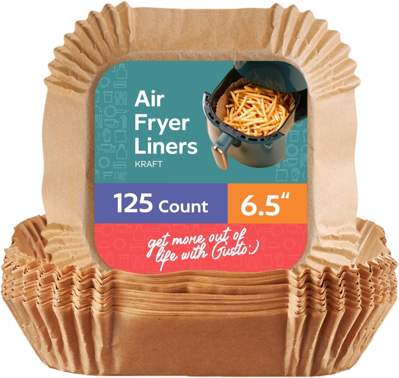 GUSTO [6.5 Inch - 125 Count] Square Air Fryer Liners Disposable - Non-Stick, Oil & Water Resistant Parchment Paper - Fits 2-5 QT Square Air Fryers, Ovens & More (Formerly Comfy Package)