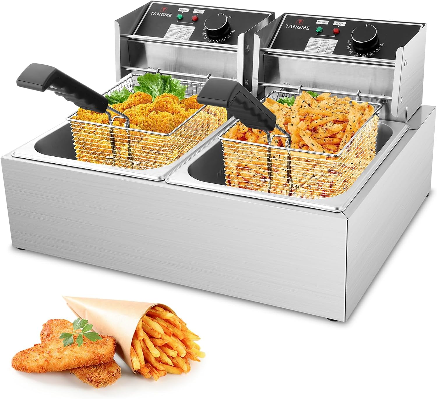 Commercial Deep Fryer, 5000W Electric Deep Fryers with 2x6L Baskets 0.8mm Thickened Stainless Steel Countertop Oil Fryer 20L Large Capacity with Temperature Limiter