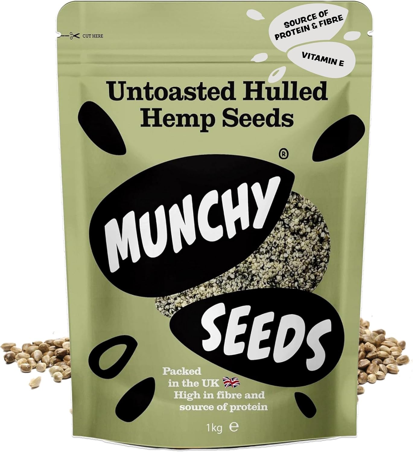 Munchy Seeds Hulled Hemp Seeds, Nutritious Unshelled Hemp Seeds, Perfect With Cereal & Oats, Great Source Of Vegan Protein & Omega 3, High Fibre Hemp Hearts, Hemp Seed Snacks, 1kg