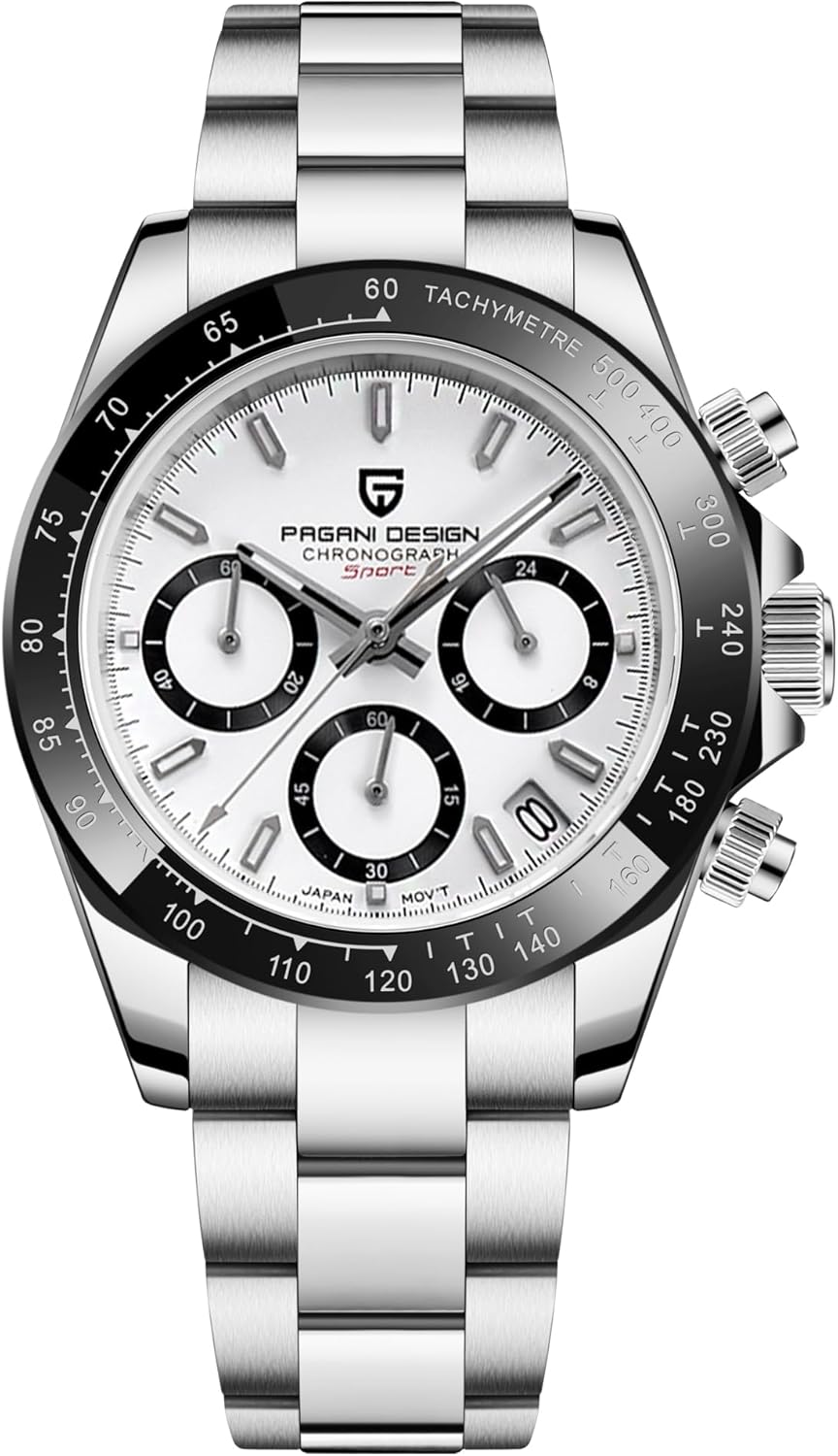 Pagani Design Men's Quartz Watch Simple Style High Precision Chronograph Waterproof Ceramic Bezel Stainless Steel Chain