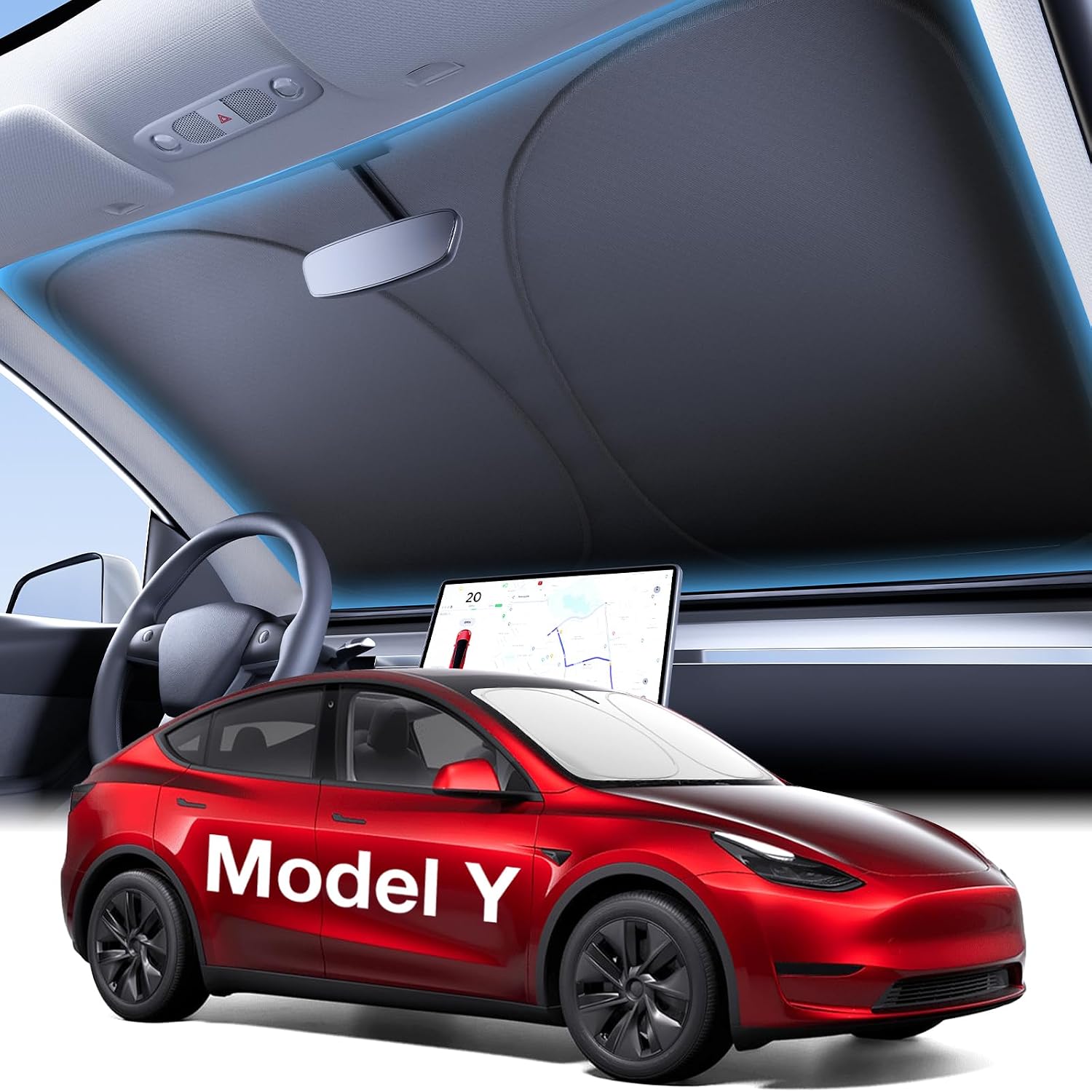 Wigoo 2025 Tesla New Model Y Accessories Windshield Sunshade [OEM Design, 100% Sun Blockage] Foldable Heat Insulation Sunshade with Storage Bag, for Model Y 2016~2026 (Juniper), Silver Coating