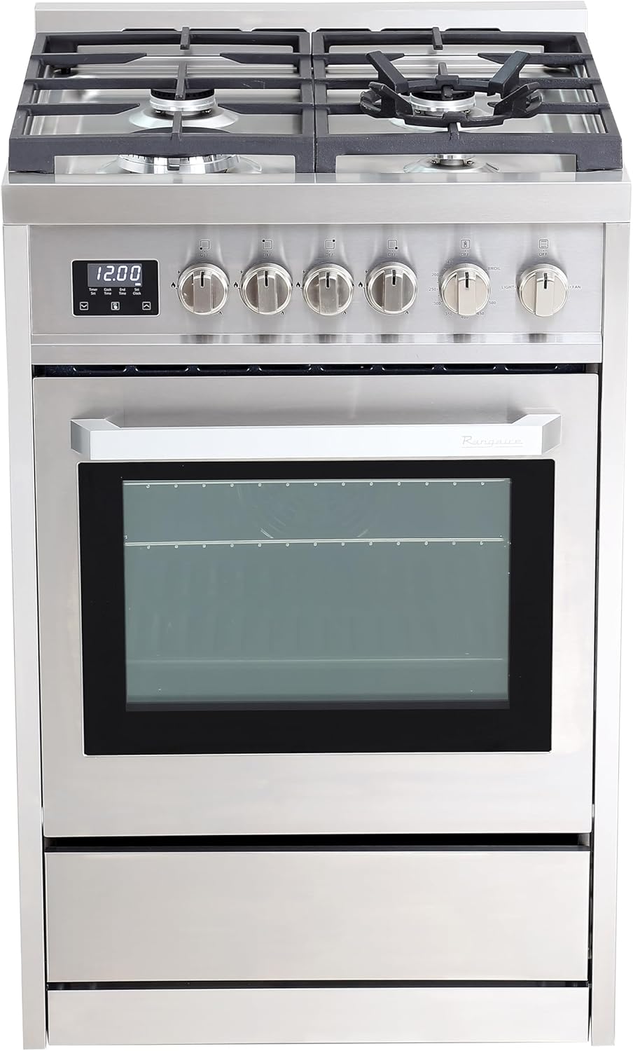 RRG241TS 24" Gas Range, 4 Sealed Burners, 3.0 cu. Ft. Capacity, Freestanding Slide-in Convection Oven, Easy Reach Racks, Soft Close Door, Clock and Timer, Stainless Steel