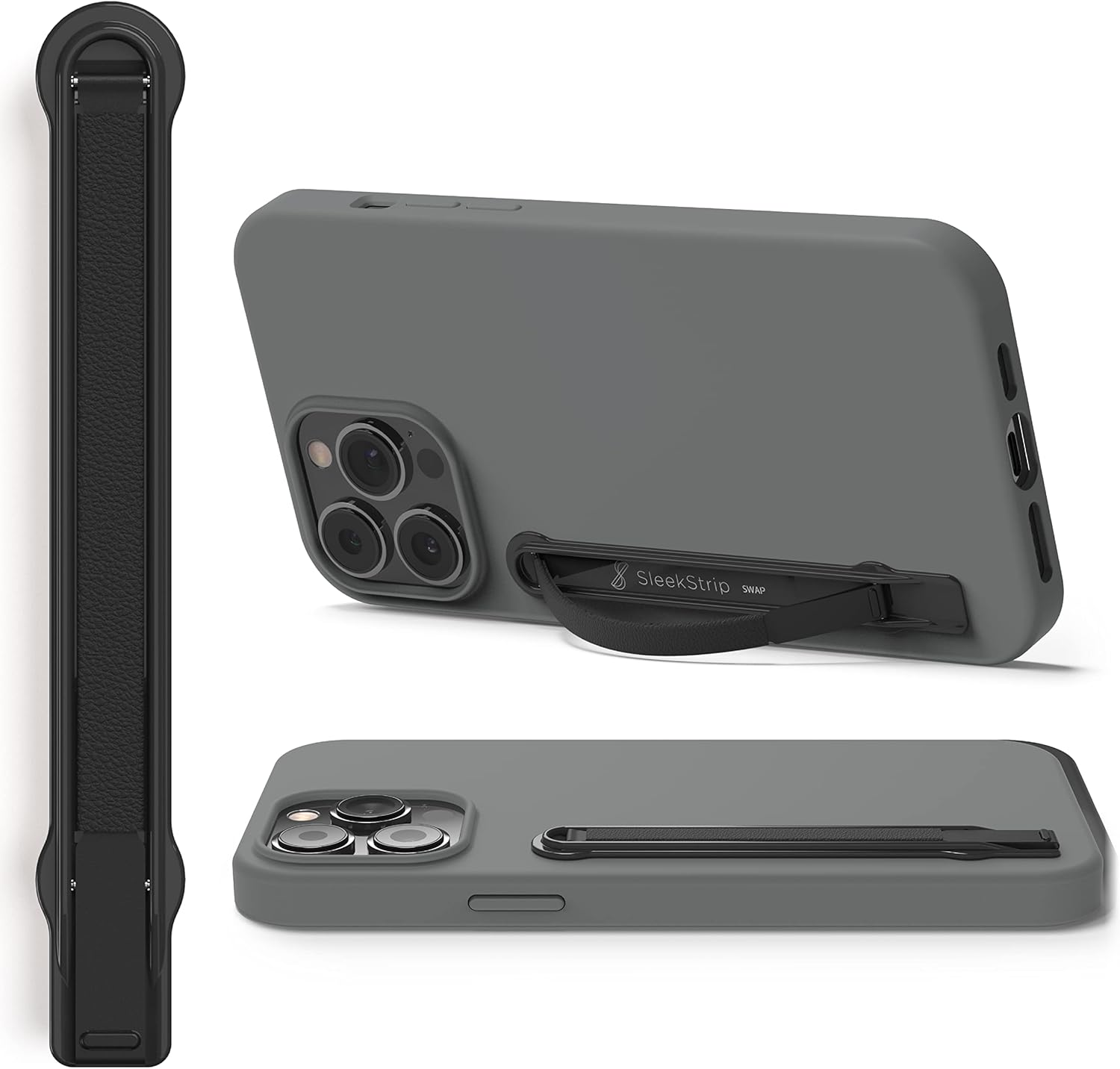 SleekGrip-Premium Ultra Thin Cell Phone Grips Finger Holder Stand,Adhesive Metal Ring Popsocket Alt,Slim Grip for iPhone 16 Pro Max/17 Air/Android/Case - Gunmetal x Black Vegan Leather